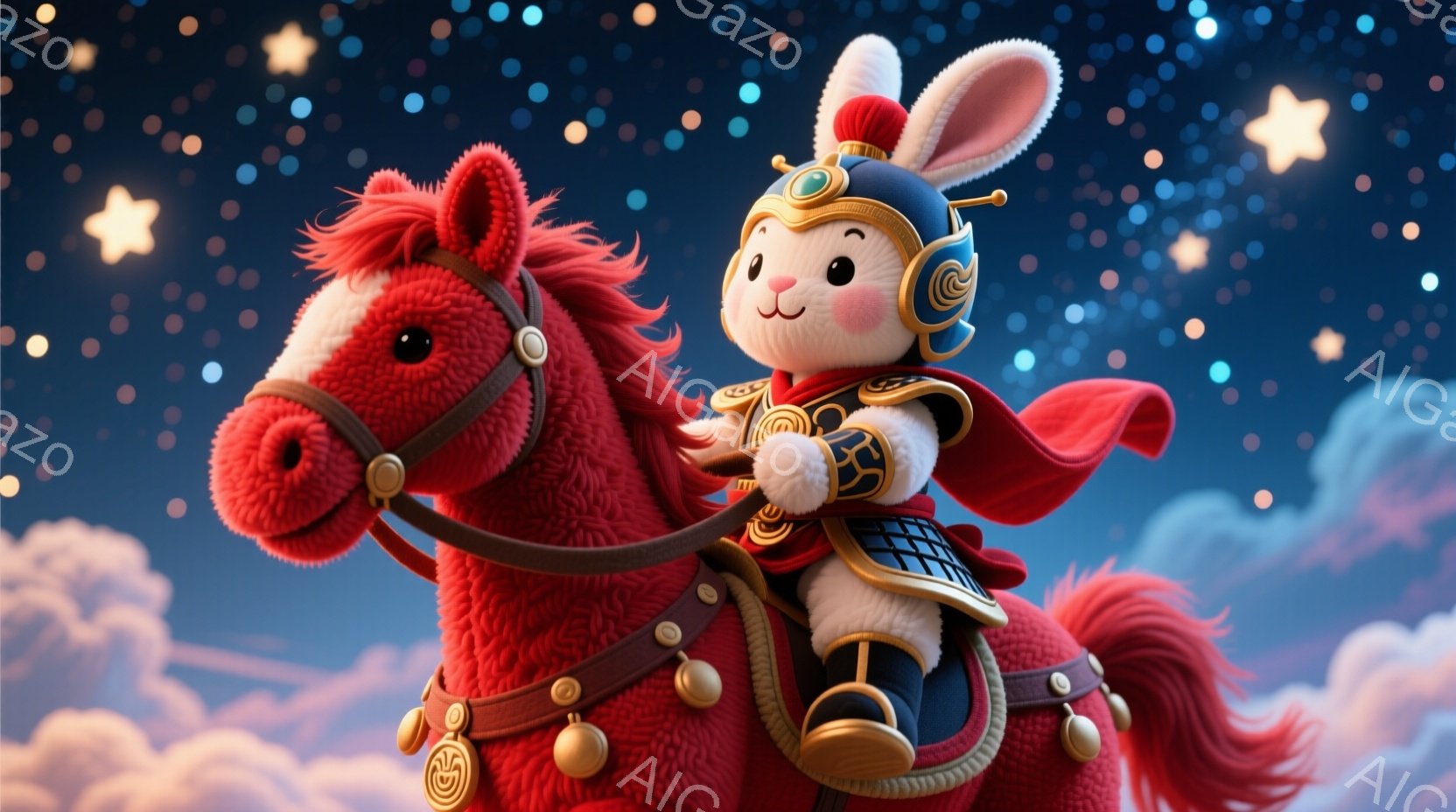 白いウサギが赤い馬に乗って空を飛んでいるイラストです。ウサギは中国風の鎧を身につけ、頭には飾りのついた兜をかぶっています。背景は夜空で、雲と星が散りばめられ、幻想的で活気に満ちた雰囲気を醸し出しています。