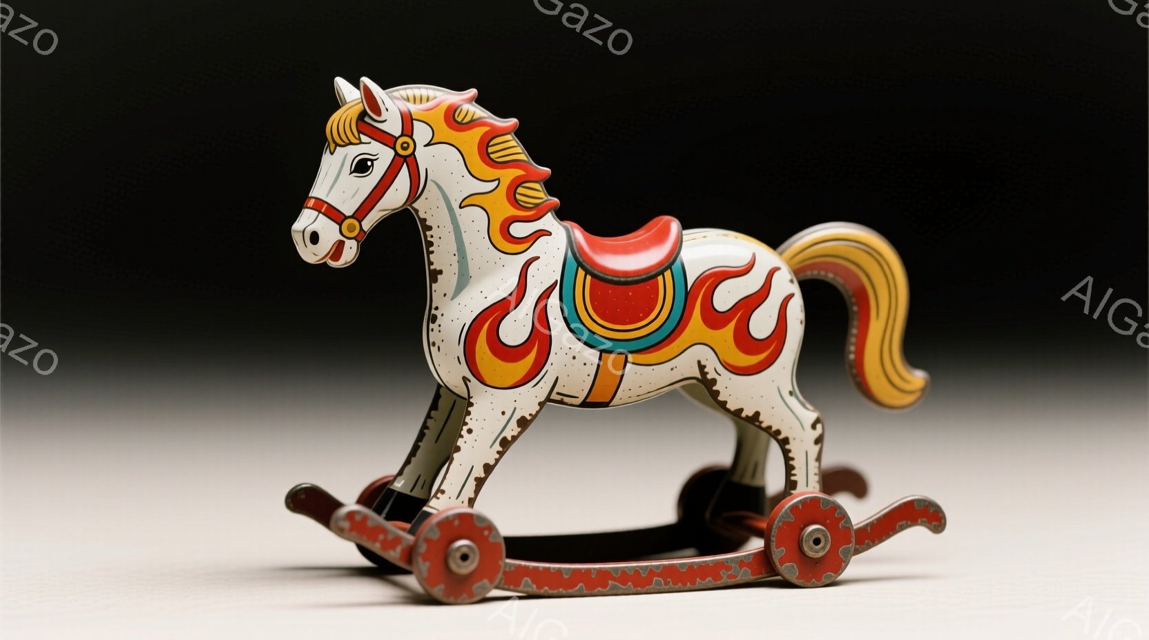 白い金属製のロッキングホースのおもちゃが写っている。鮮やかな赤とオレンジの模様が馬の体に描かれ、黄色いたてがみと尾が特徴的だ。背景はグレーで、おもちゃが引き立つようにシンプルな構成になっている。 - AI生成フリー素材