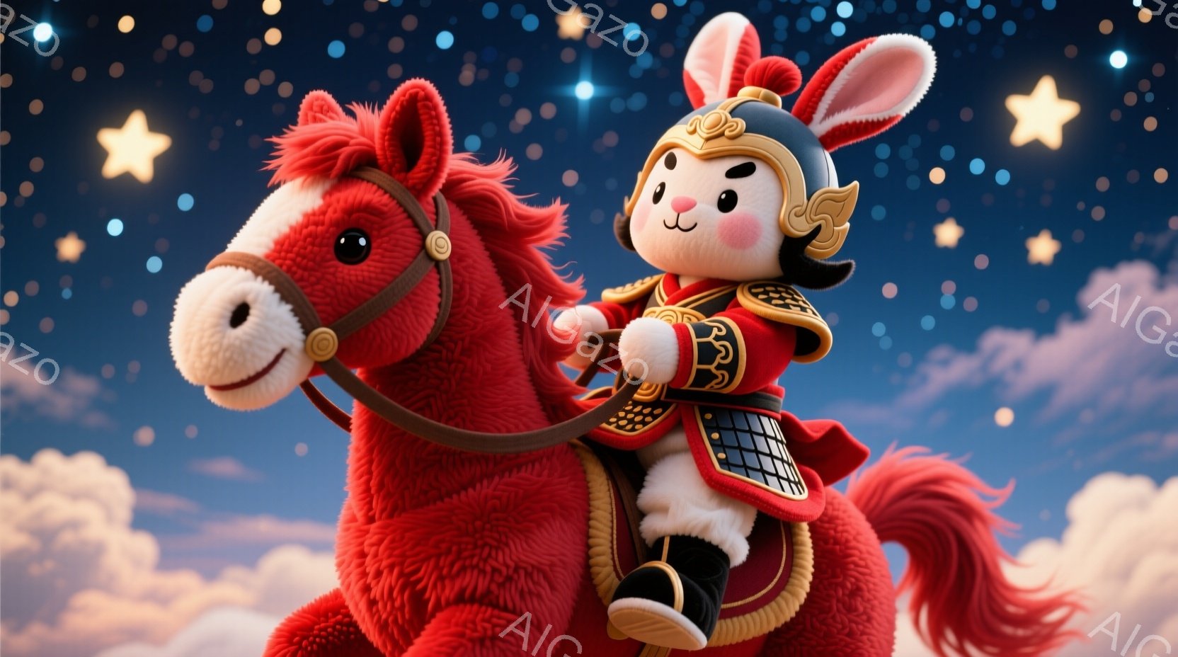 明るい赤色の毛並みを持つ馬に乗った、かわいらしいウサギが描かれています。ウサギは金色の飾りと赤い鎧を身につけ、凛々しい表情で前を見据えています。背景にはパステルカラーの雲と星が散りばめられ、幻想的な雰 - AI生成フリー素材