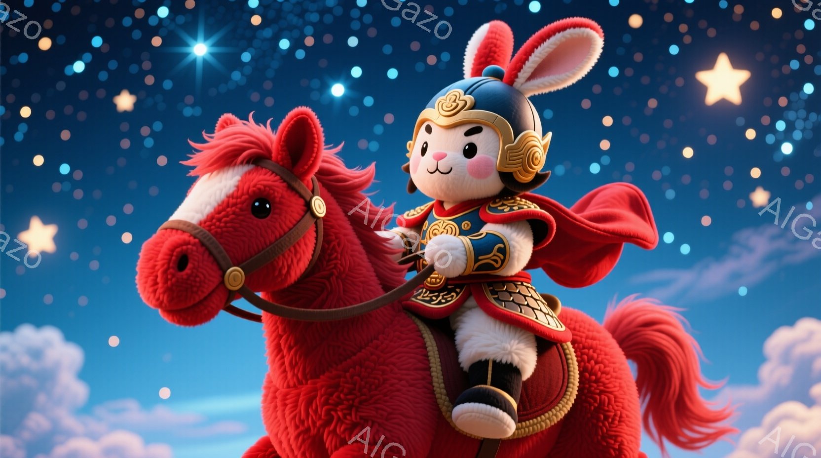 赤い装甲と赤いマントを身に着けたウサギが、同じく赤い毛並みの馬に乗っている様子を描いています。ウサギはつぶらな瞳で前方を向き、凛々しい表情をしています。背景は夜空で、雲と星が輝き、全体的に幻想的で勇敢な雰囲気です。