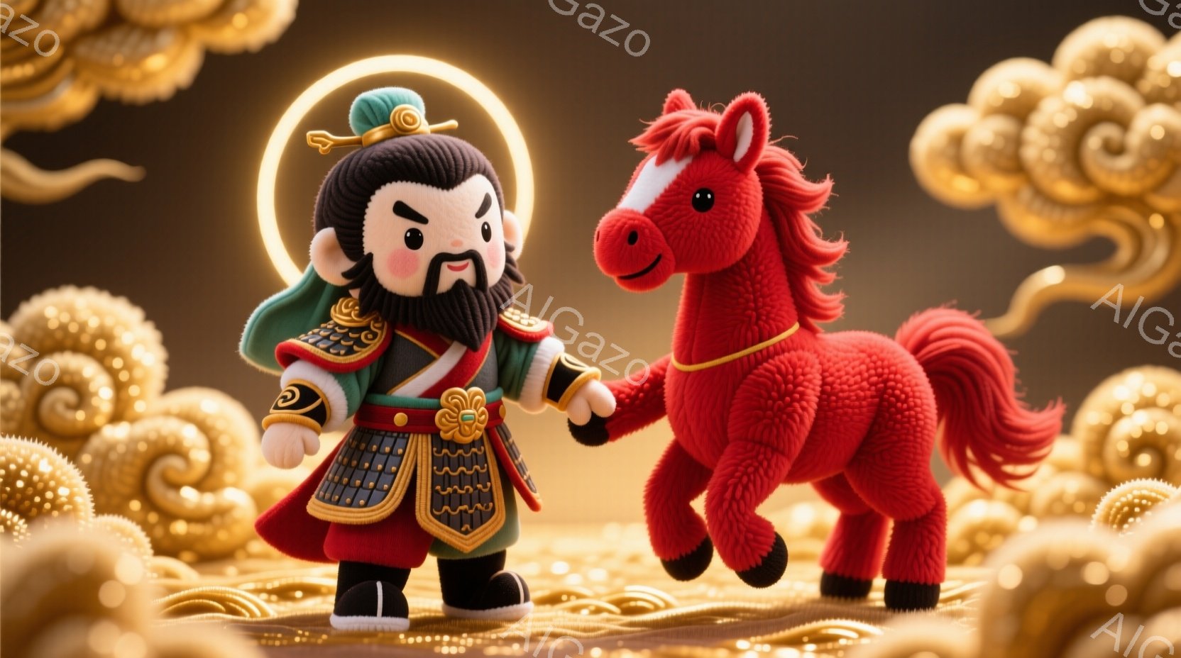 鮮やかな赤い背景に、甲冑を身につけた男性と赤い馬が描かれています。男性は黒い髪を後ろで結い、立派なひげを生やしており、表情は厳格でありながらもどこか優しい印象を与えます。背景には金色の雲のような模様が広がり、全体的に華やかで縁起の良い雰囲気を醸し出しています。