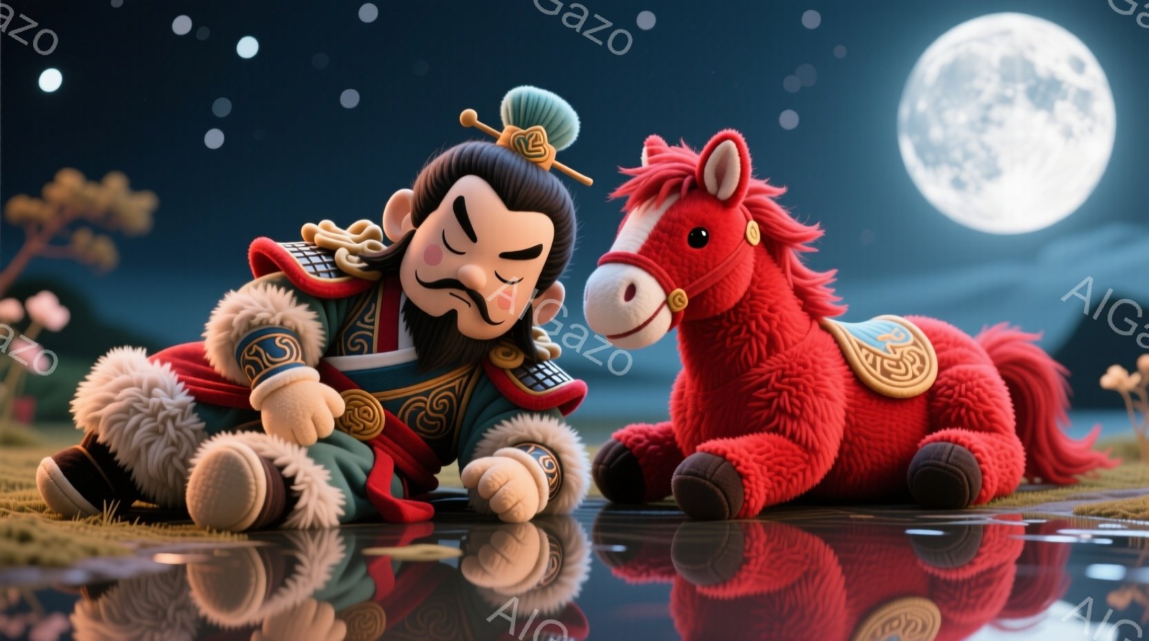 鮮やかな赤い毛並みの馬と、中国風の衣装を身につけた男性が描かれています。男性は赤い毛皮の襟と金色の装飾が施された鎧を身につけ、厳つい表情で片手を腰に当てています。背景には緑の草地、夜空、そして満月が輝 - AI生成フリー素材