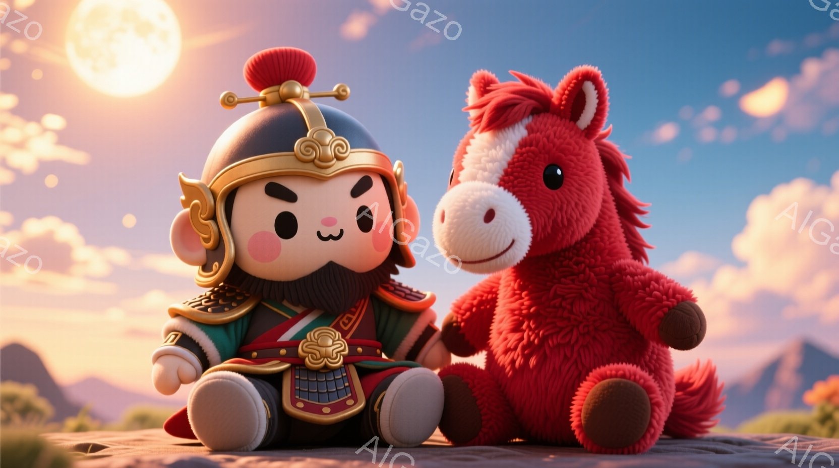 中国風の鎧を身につけた可愛らしい少年と、赤いぬいぐるみ馬が写っています。少年は黒髪を後ろで結い、眉を少しつり上げて凛々しい表情を浮かべており、鎧は緑と金色の装飾が施されています。背景には、夕焼け空と山々が広がり、暖かく穏やかな雰囲気です。