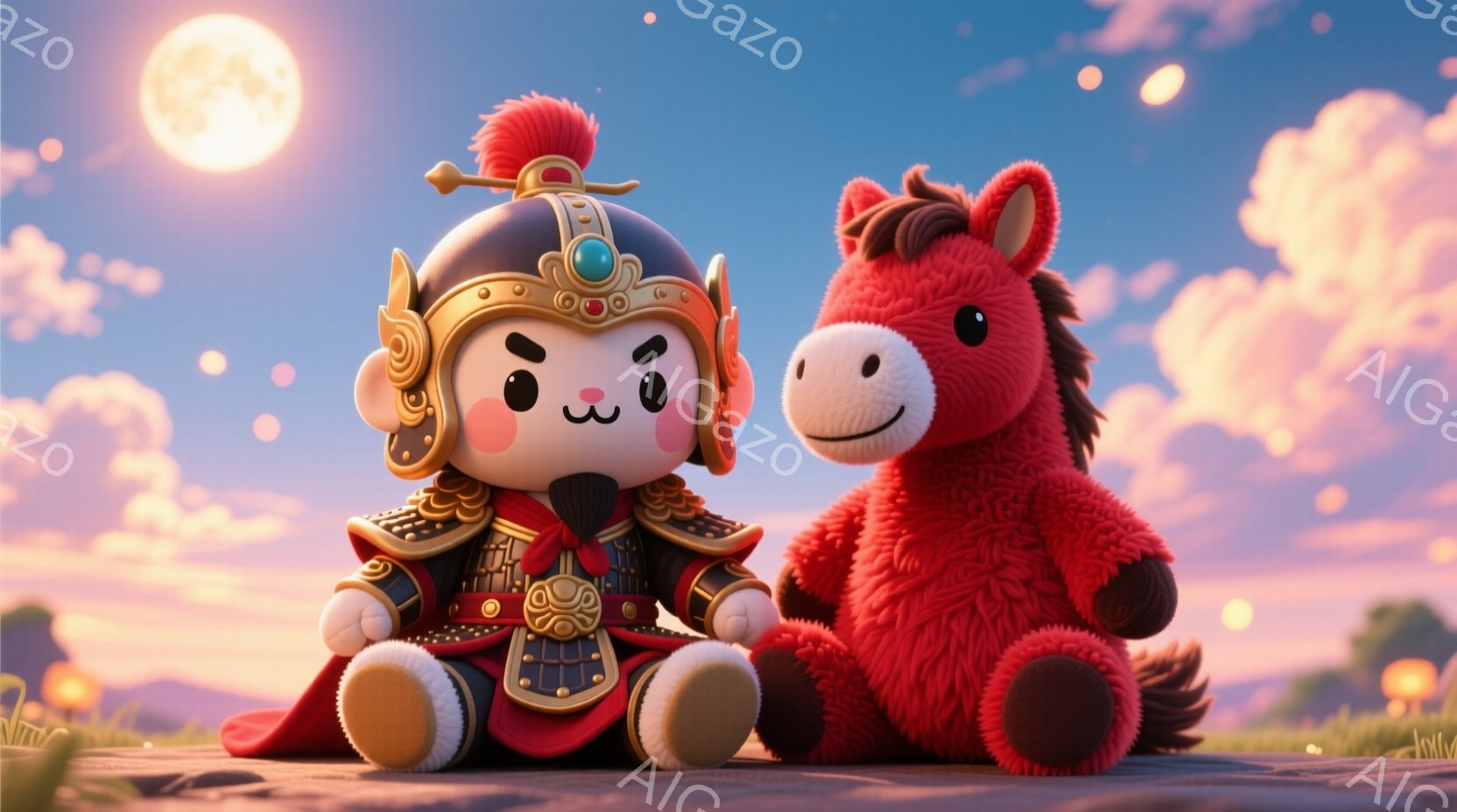少年は、中国風の鎧を身に着け、頭には赤い飾りをつけた兜をかぶっています。彼は座ってリラックスした表情で、隣には赤い毛並みのぬいぐるみ馬が寄り添っています。背景には緑の草原、遠くには山々が見え、夕焼け空と満月が穏やかな雰囲気を醸し出しています。