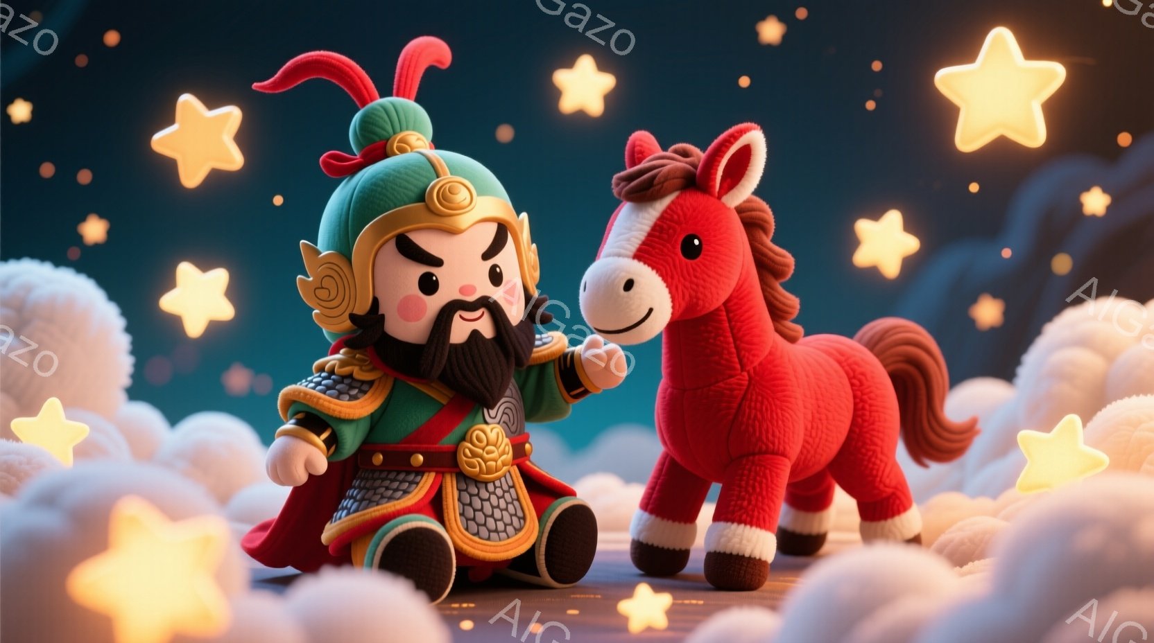 中国風の鎧を着た小さな男の子と赤い馬が描かれています。男の子は黒い髪を結い上げ、ひげを生やし、金色の装飾が施された緑と赤の鎧を身に着けており、少し微笑んでいます。背景にはふわふわの白い雲と輝く星が散り - AI生成フリー素材