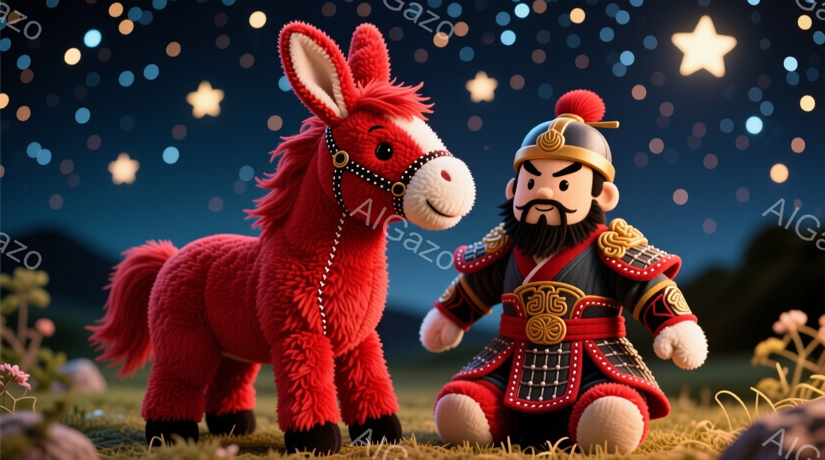 赤い毛並みの可愛らしいロバと、赤と金色の鎧を身につけた男性が草原に立っています。男性は顎ひげを生やし、厳しい表情で前方を見つめています。背景には緑の草原と、星空が広がっており、穏やかで幻想的な雰囲気です。