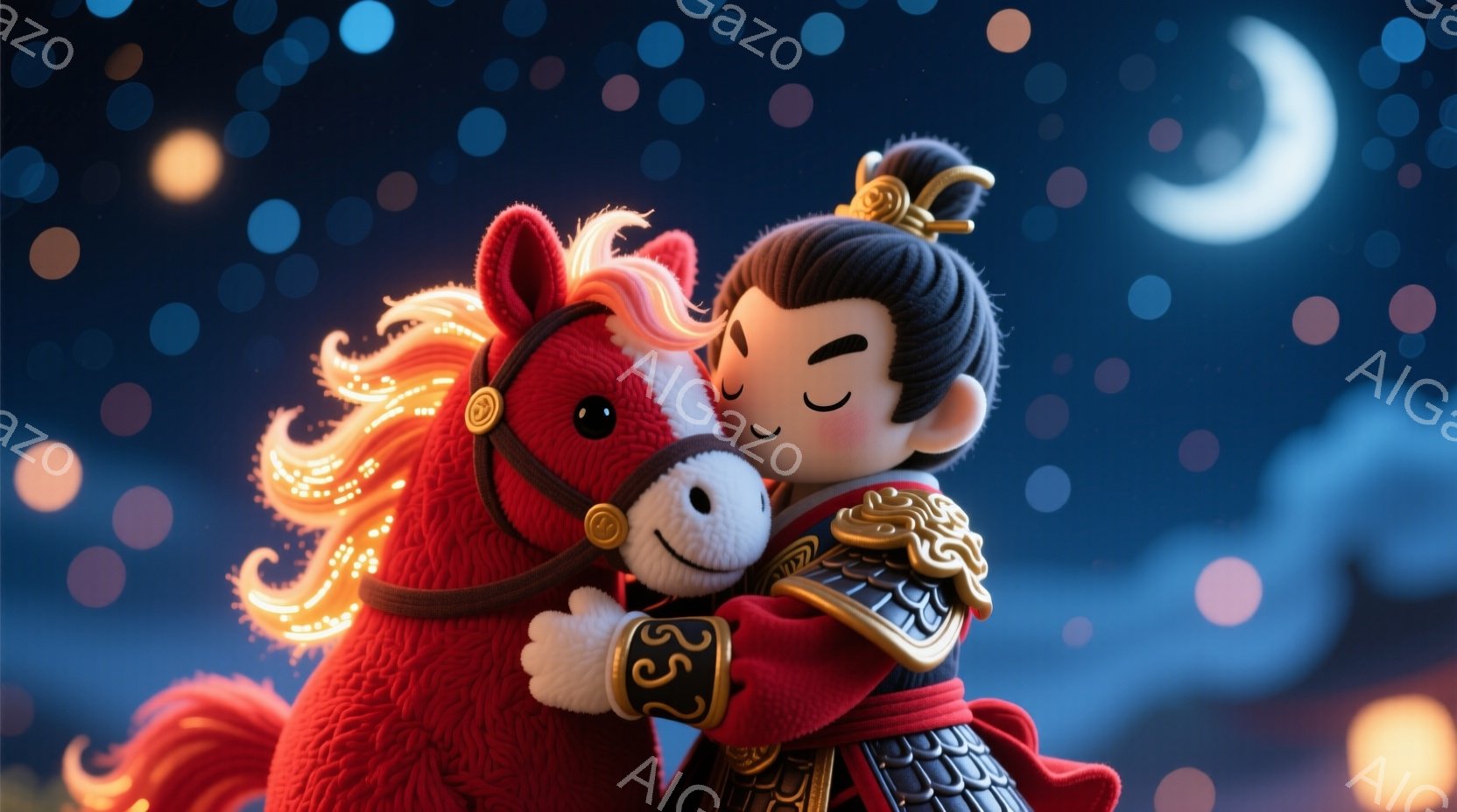 小さな少年が赤い馬を強く抱きしめています。少年は、金色の装飾が施された赤い衣装と、黒い髪を後ろで束ねた独特の髪型をしており、目は閉じ、穏やかな笑顔を浮かべています。背景は夜空で、丸い光の球と三日月が点 - AI生成フリー素材
