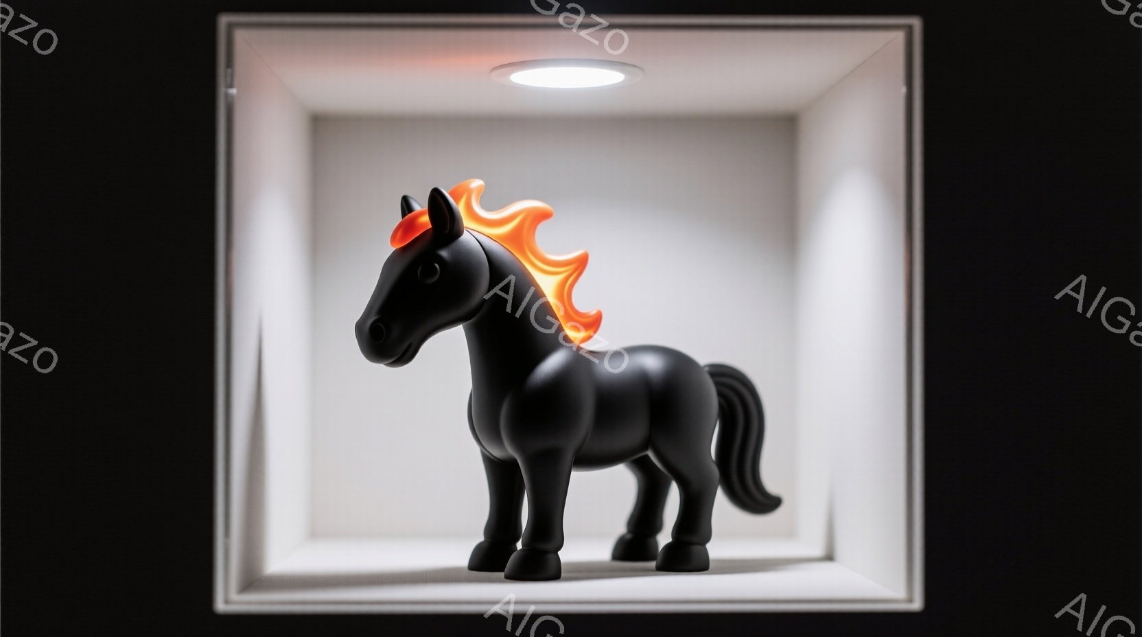 黒色の馬の像が白い箱の中に展示されている。馬は滑らかな表面を持ち、たてがみがオレンジ色で、力強い印象を与える。箱は白いフレームで囲まれており、上部にはスポットライトが照らしているため、像が際立って見え - AI生成フリー素材