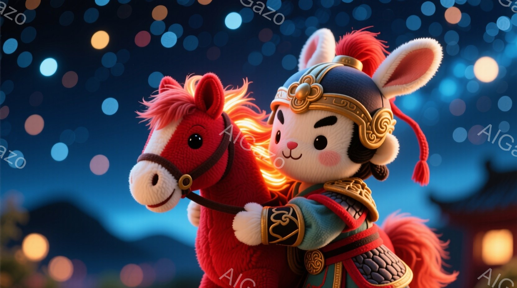 白いウサギの戦士が、燃えるような赤い馬に乗って疾走している様子が描かれています。ウサギは、金色の装飾が施された緑色の鎧と赤い衣装を身につけ、頭には角飾り付きの兜を被っています。背景には、ぼやけた寺院の - AI生成フリー素材