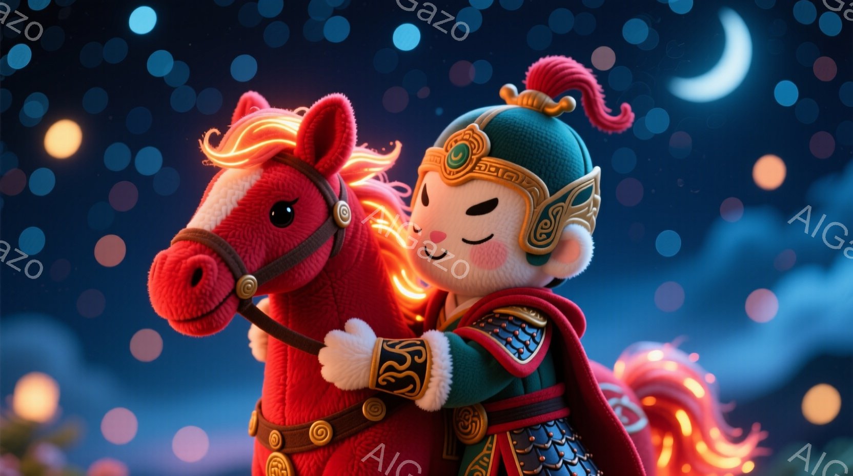 赤い馬に乗った可愛らしいキャラクターが描かれています。緑色の鎧を身につけ、頭には飾り立てられた兜をかぶり、顔は満面の笑みを浮かべています。背景は夜空で、ぼんやりとした光の粒子と三日月が、幻想的な雰囲気 - AI生成フリー素材