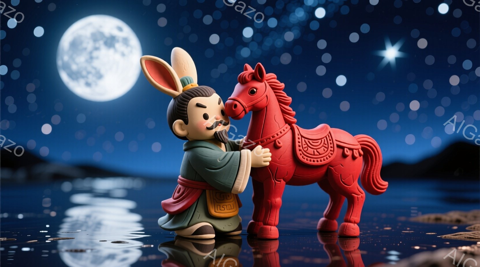 赤い馬と耳の長い人物が描かれています。人物は緑色のローブとオレンジ色の帯を身につけ、頭には独特の髪型をしています。背景は夜空で、満月と星が輝き、水面に反射して幻想的な雰囲気を作り出しています。