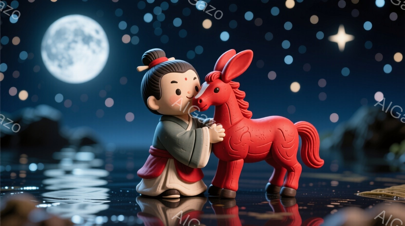 少年は白い着物に赤い帯を締め、黒い髪を後ろで束ねた簡素な髪型をしています。彼は赤い馬に寄り添い、優しく抱きしめるような姿勢で、表情は穏やかで幸せそうです。背景には夜空が広がり、月と無数の星が輝き、水面 - AI生成フリー素材
