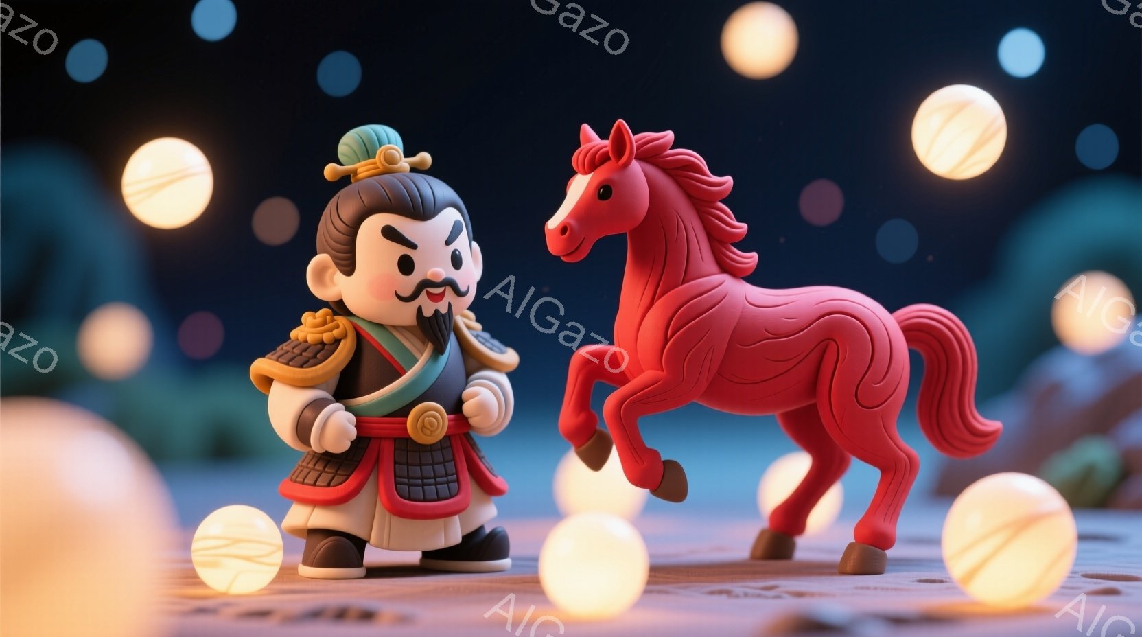 鮮やかな赤色の馬と、中国風の衣装をまとった短い男性が描かれています。男性は黒い髪を高く結い、眉をひそめ、少し怒った表情をしています。背景は暗い青色で、小さな光る球体が散りばめられ、幻想的な雰囲気を作り - AI生成フリー素材