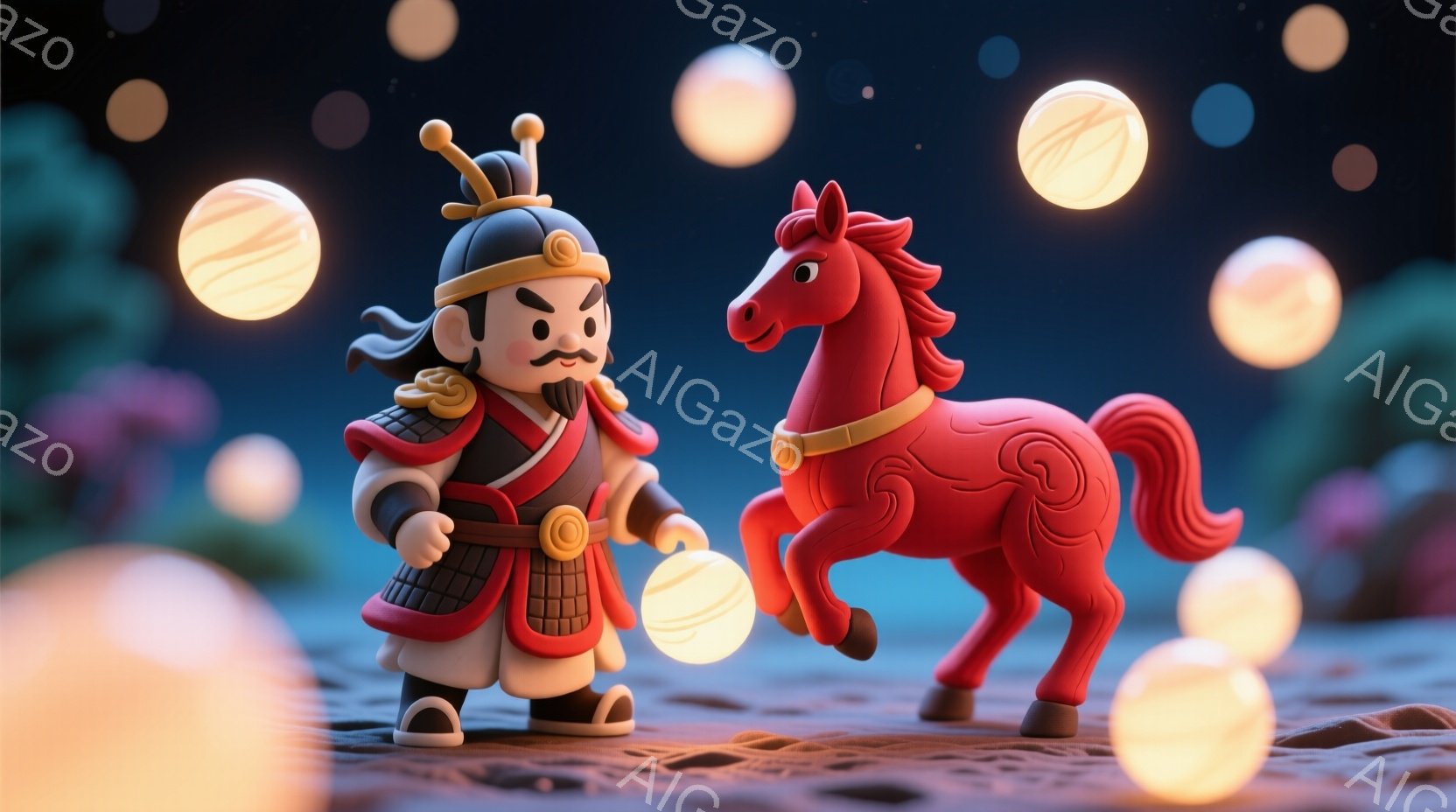 明るい赤色の馬と、伝統的な中国風の衣装を着た男性が描かれています。男性は黒髪を後ろで結い、額には飾りをつけており、顔には力強い表情を浮かべています。背景には、ぼやけた自然の風景と、様々な大きさの光り輝く光球が散りばめられており、幻想的な雰囲気を醸し出しています。
