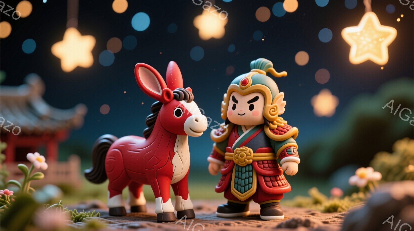 赤い馬と、中国風の鎧を身につけた少年が並んで立っています。少年は黒髪を三つ編みにし、眉間にしわを寄せ、真剣な表情をしています。背景には、屋根付きの建物や植物が見え、上空には多くの光る星が散りばめられており、幻想的な雰囲気です。