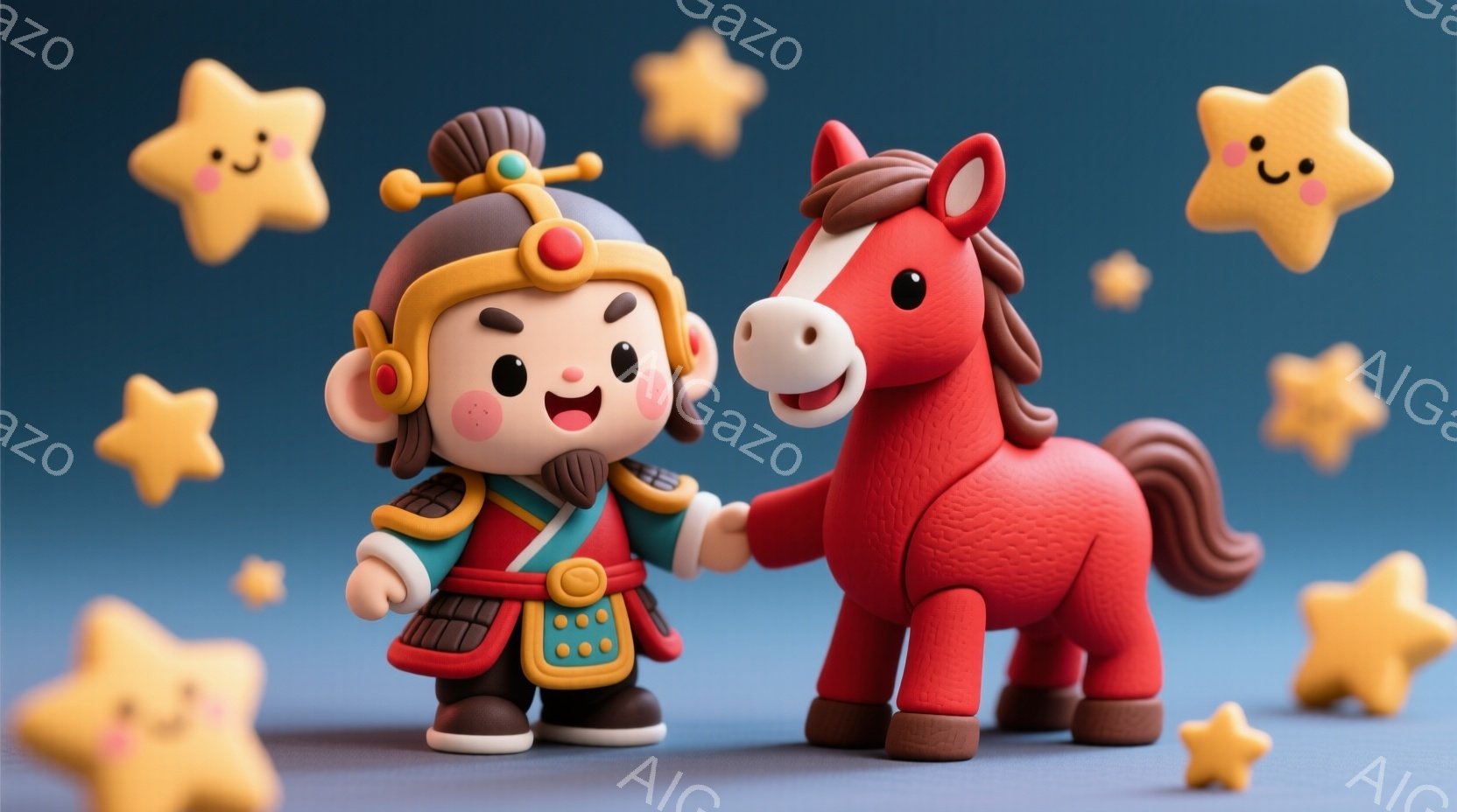赤色の馬と、中国風の衣装を着た小さな男の子が描かれています。男の子は、黒い髪を結い上げ、赤い装飾が施された帽子をかぶり、笑顔で馬の隣に立っています。背景には、明るい黄色の星が散りばめられており、全体的に暖かく、楽しげな雰囲気です。