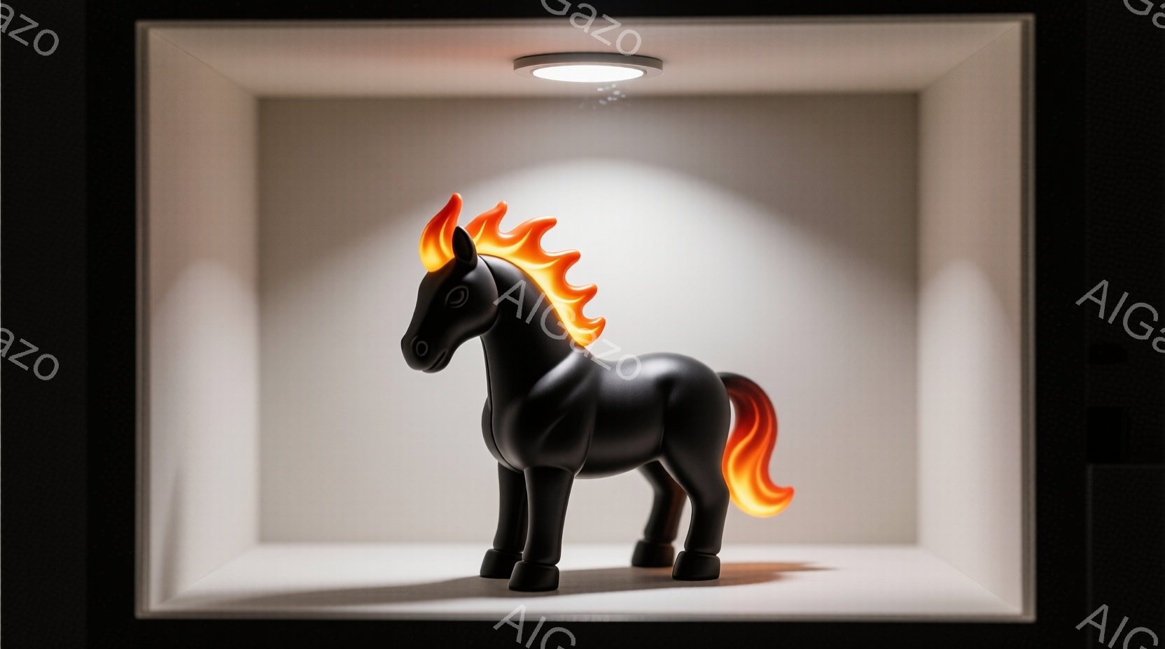 黒い馬の彫刻が、白い背景の箱の中に展示されている。馬は滑らかでミニマルな形状をしており、たてがみと尾は鮮やかなオレンジ色で、まるで炎のように見える。箱の中は均一に照らされており、彫刻が際立って見え、モダンで洗練された雰囲気を醸し出している。