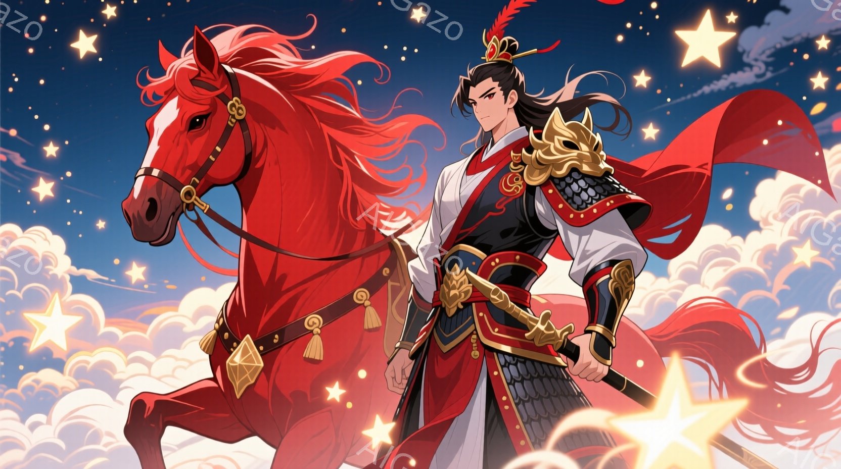 赤い馬に乗った男性が描かれており、華やかな衣装を身につけています。黒髪を長く伸ばし、凛々しい表情で前方を見据えています。背景には星が輝き、雲が広がり、躍動感と壮大さを感じさせる、力強く美しいイラストで - AI生成フリー素材