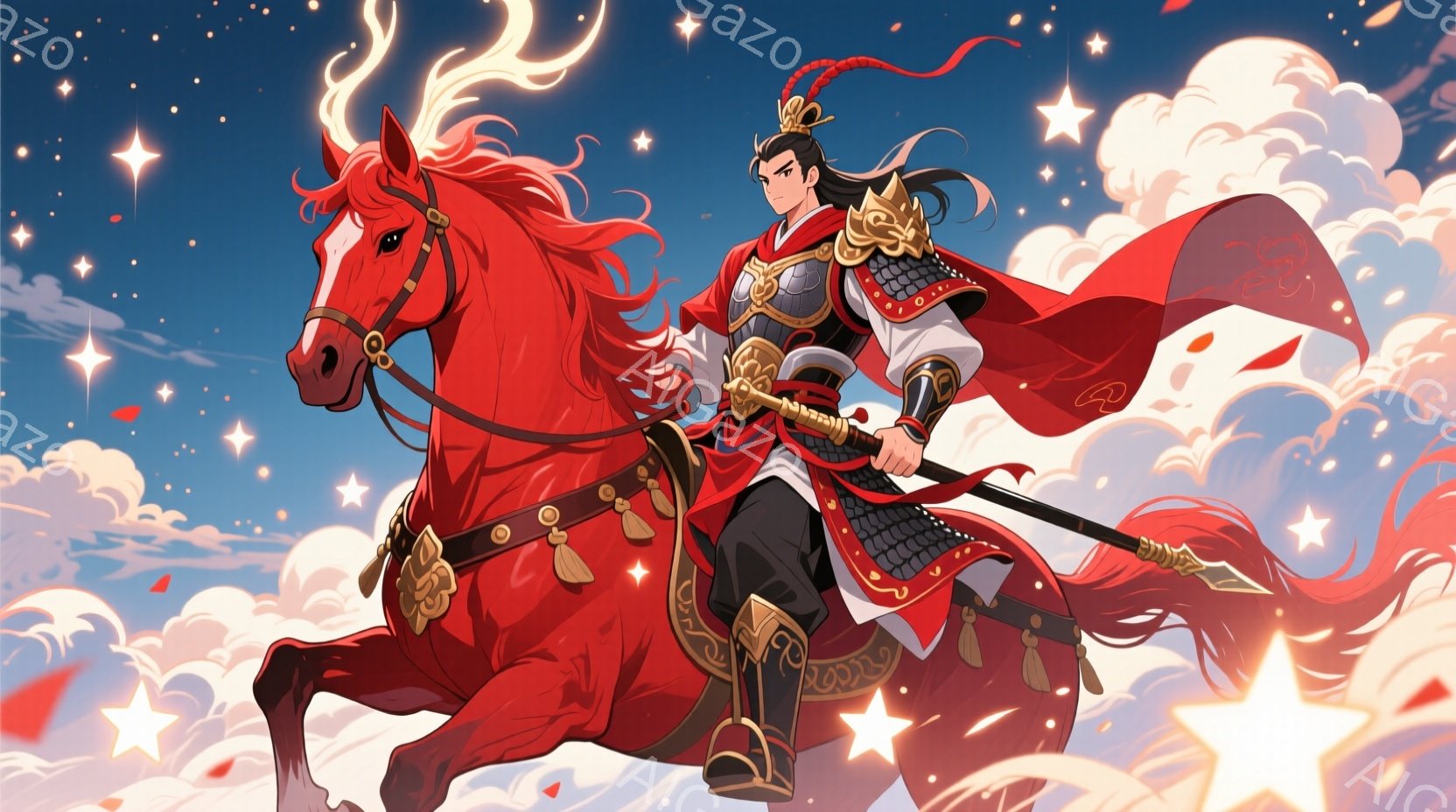 赤い馬に乗った戦士が描かれており、金色の装飾が施された黒い鎧を身につけている。彼の髪型は長く結ばれており、顔つきは凛々しく、強い意志を感じさせる。背景は雲と星で満たされ、全体的に鮮やかで力強い雰囲気である。