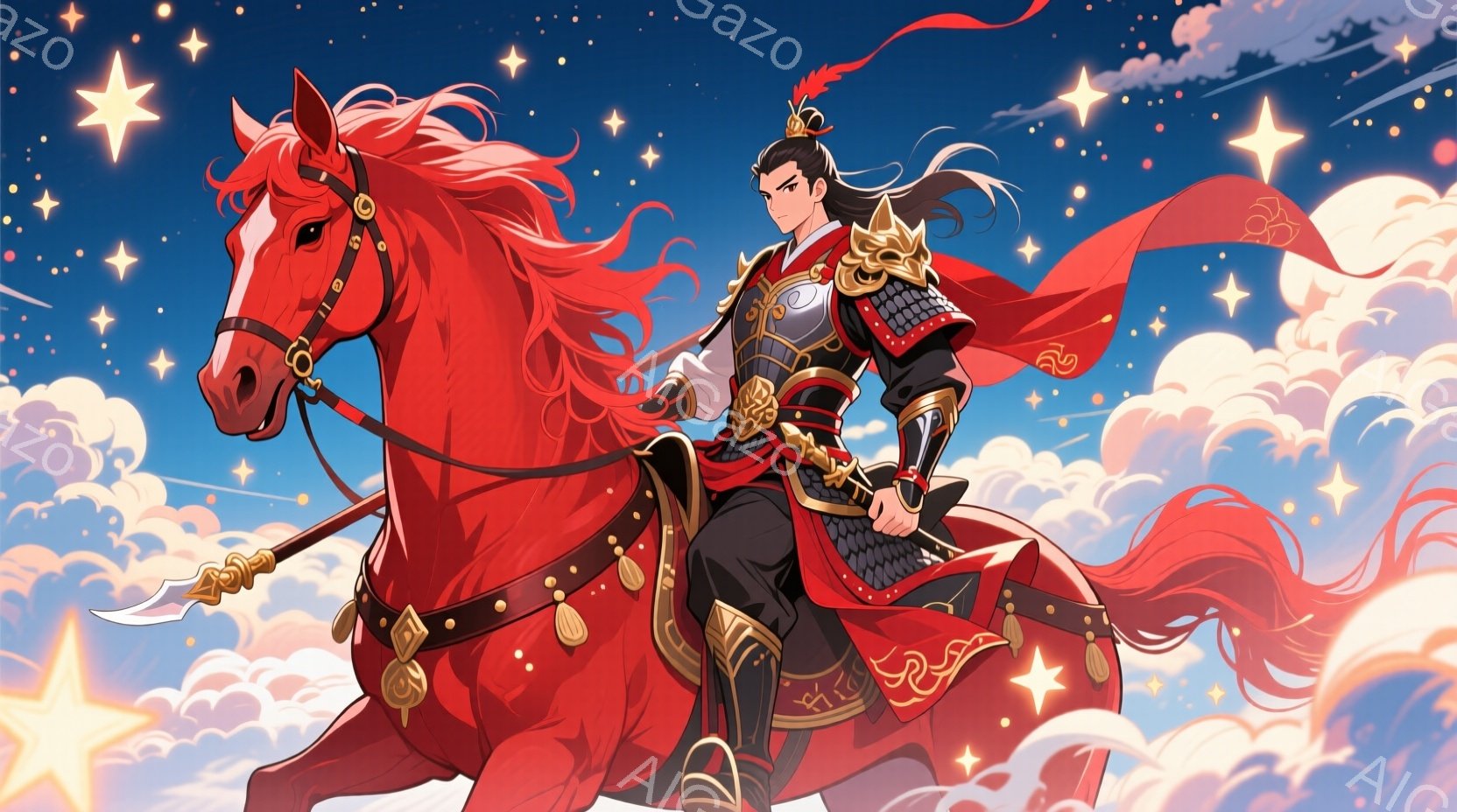 深紅の馬に乗った男性が描かれています。彼は黒髪を長く結い、赤と金色の華やかな鎧を身に着けており、表情は自信に満ち溢れています。背景には雲が広がり、星が輝き、まるで伝説の英雄が天界を駆けるような幻想的な雰囲気を醸し出しています。