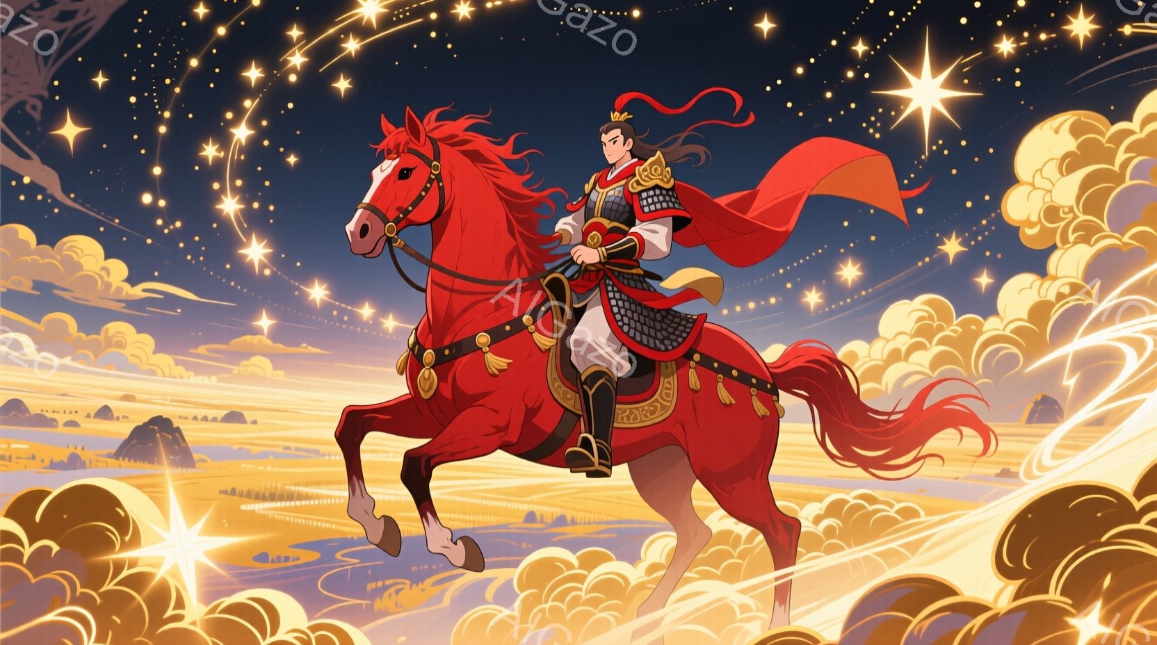 鮮やかな赤い馬に乗った武将が描かれています。彼は黒と金の鎧を身につけ、赤色のマントを翻しており、顔つきは凛々しく、強い意志を感じさせます。背景には金色の雲と山々が広がり、星が輝く夜空が、壮大で英雄的な雰囲気を醸し出しています。