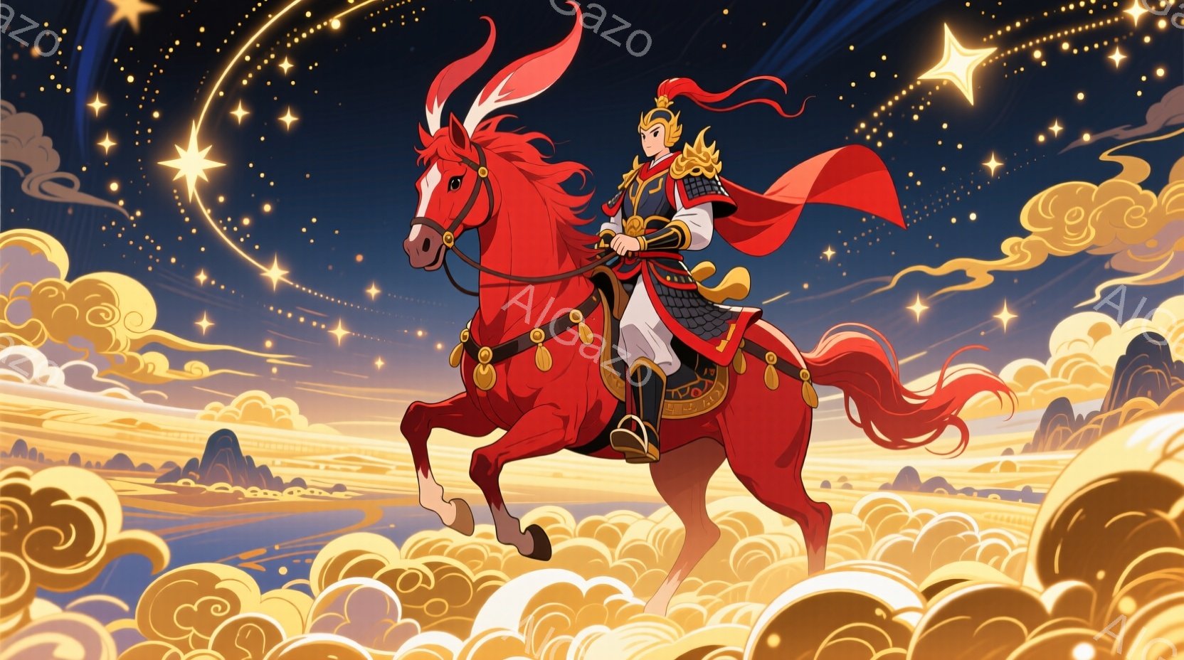 鮮やかな赤い馬に乗った男性が描かれています。彼は、金色の装飾が施された中国風の鎧と、長い黒髪を後ろで結んだ髪型をしており、表情は勇敢で決意に満ちています。背景には、雲海と遠くに見える山々が広がり、上空には星や光の筋が輝き、壮大で幻想的な雰囲気を醸し出しています。