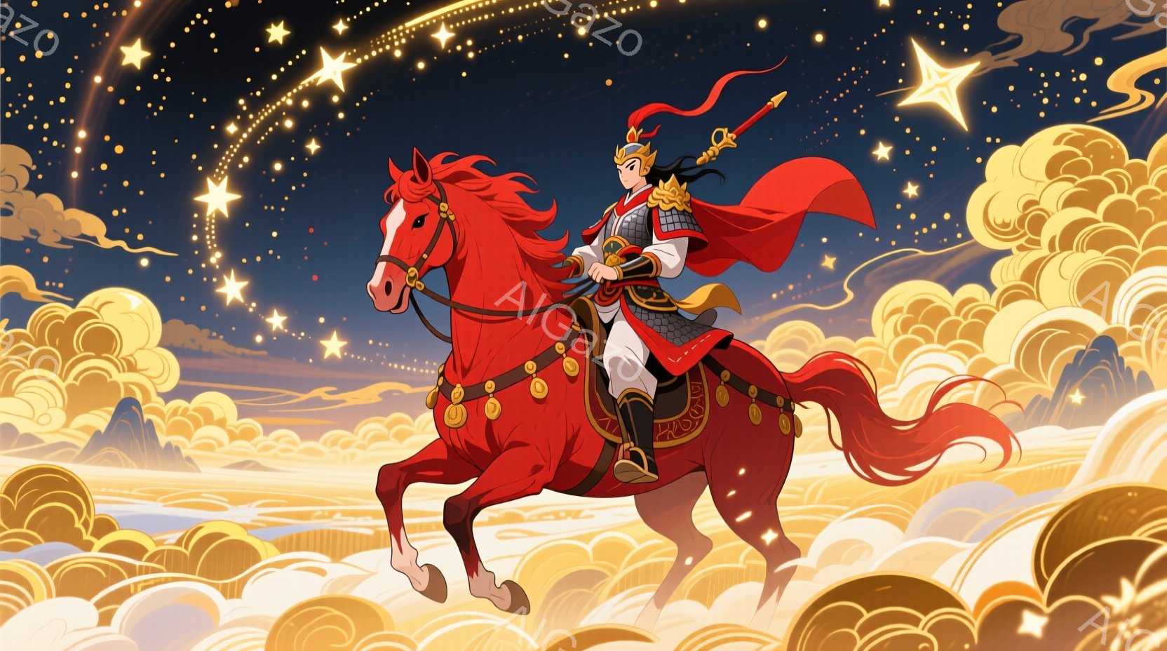 赤い衣装を身につけた男性が、赤い馬に乗って雲の中を疾走している。男性は金色の装飾が施された鎧と、赤いマントをまとい、力強い表情で前を見据えている。背景には黄金色に輝く雲海が広がり、星が散りばめられた夜 - AI生成フリー素材