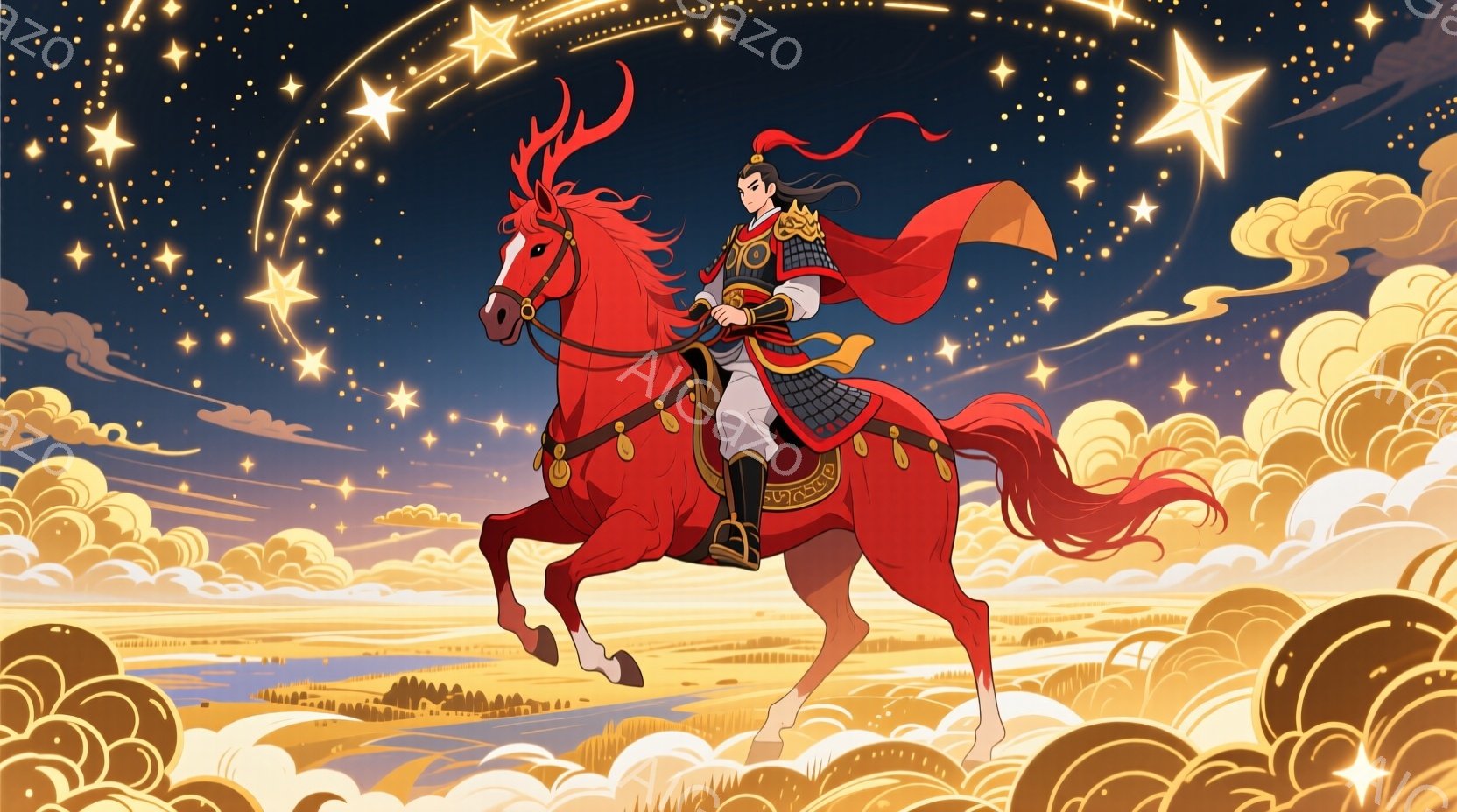 明るい赤色の鎧を身に着けた男性が、同じく赤色の馬に乗って空を駆けている。男性は黒髪を後ろで束ね、威厳のある表情で前を見据えている。背景には、金色の雲が広がり、夜空には星が輝き、全体的に壮大で幻想的な雰 - AI生成フリー素材