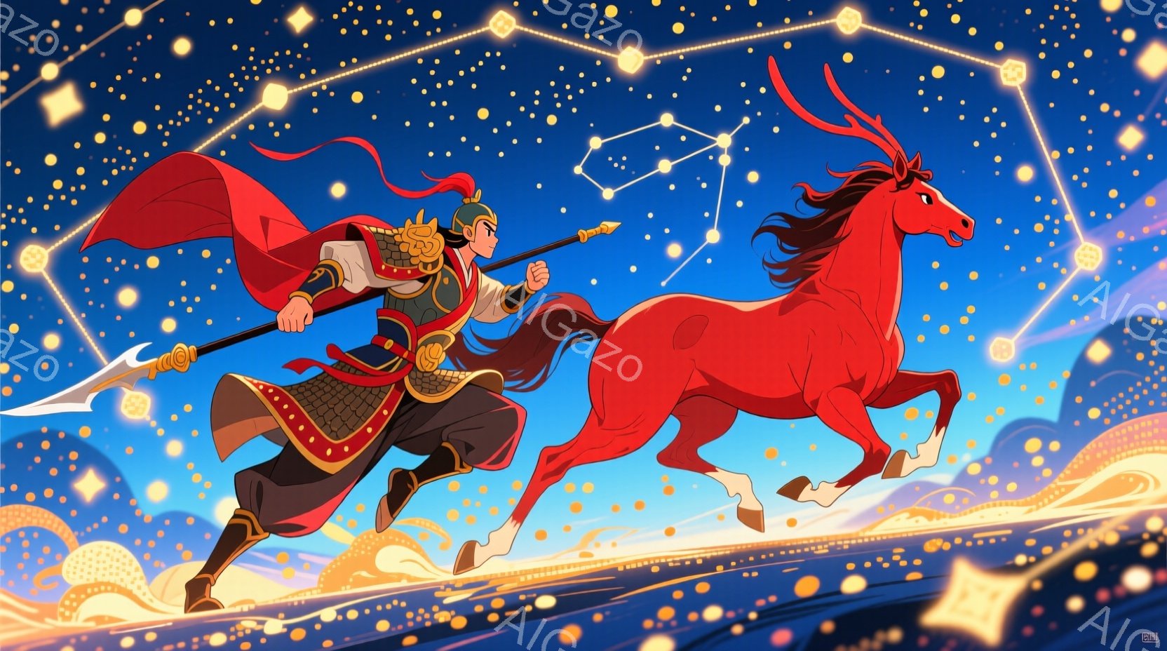 鮮やかな赤い馬に乗った武士が、空を駆ける姿が描かれている。武士は、金色の装飾が施された兜を被り、赤いマントを羽織り、黒と赤の鎧を身に着けている。背景は深い青色で、金色の光り輝く星と、地平線に広がる抽象的な黄金色の建造物が点在し、躍動感と壮大な雰囲気を醸し出している。