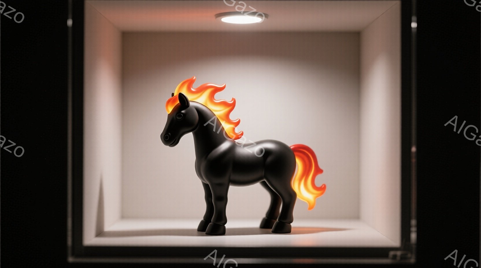 黒い馬の置物が白い背景の箱の中に展示されています。馬のたてがみは燃えるようなオレンジ色で、そのコントラストが印象的です。箱の奥には、間接照明のような光が設置されており、置物を強調しています。 - AI生成フリー素材