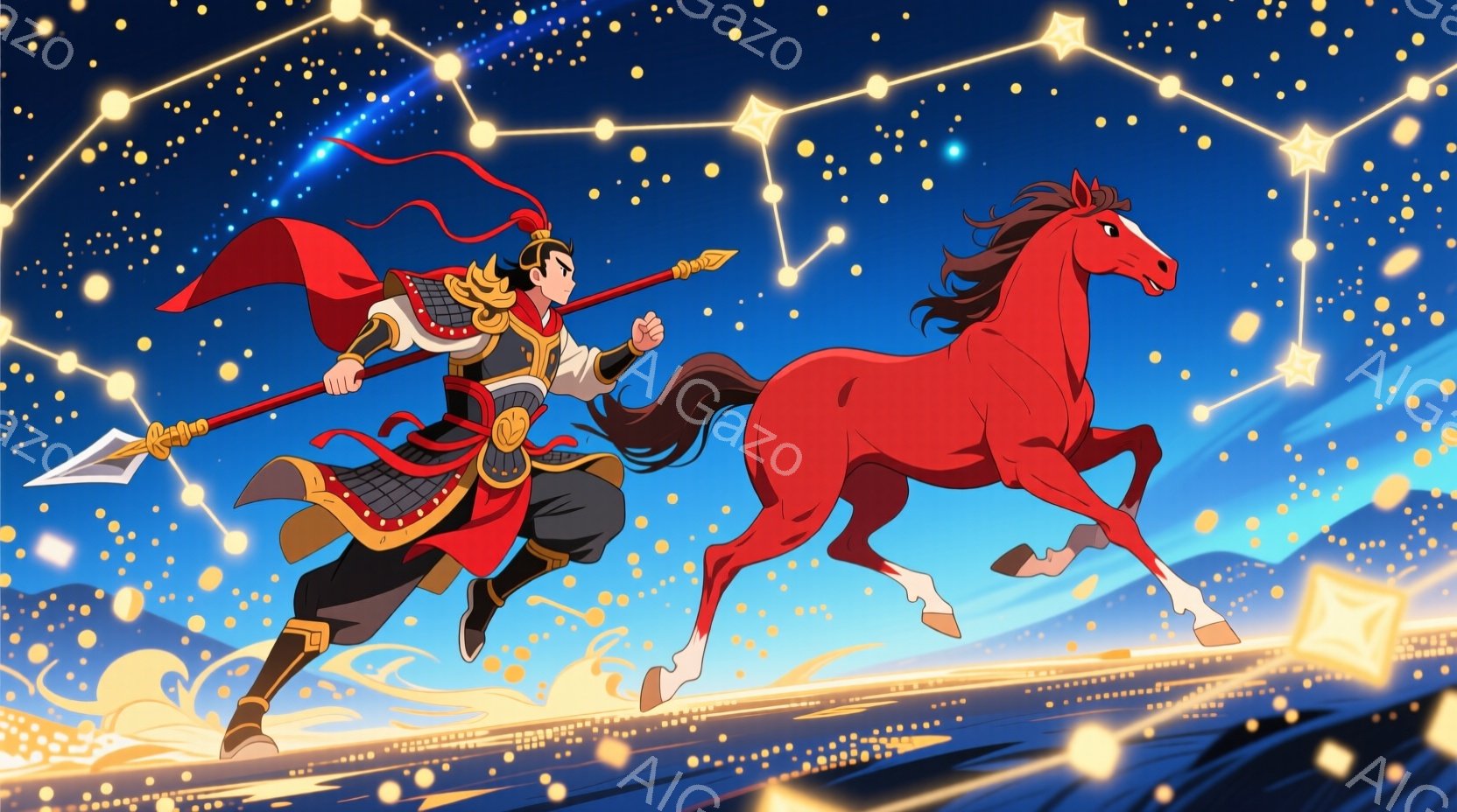 鮮やかな赤い馬が疾走しており、その隣には槍を持った戦士が並走している。戦士は黒髪を後ろでまとめ、赤と黒を基調とした鎧と衣装を身につけており、顔つきは凛々しく決意に満ちている。背景は夜空を思わせる深い青 - AI生成フリー素材