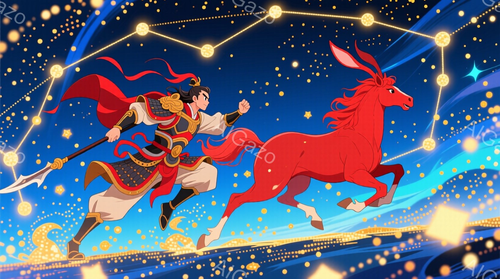 鮮やかな赤い馬に乗った戦士が描かれている。戦士は白い着物に赤い飾り紐をあしらった鎧を身に着け、黒髪を後ろで束ねている。背景は星空と金色の光が広がる平原で、戦士と馬は躍動感あふれるポーズで疾走している。 - AI生成フリー素材