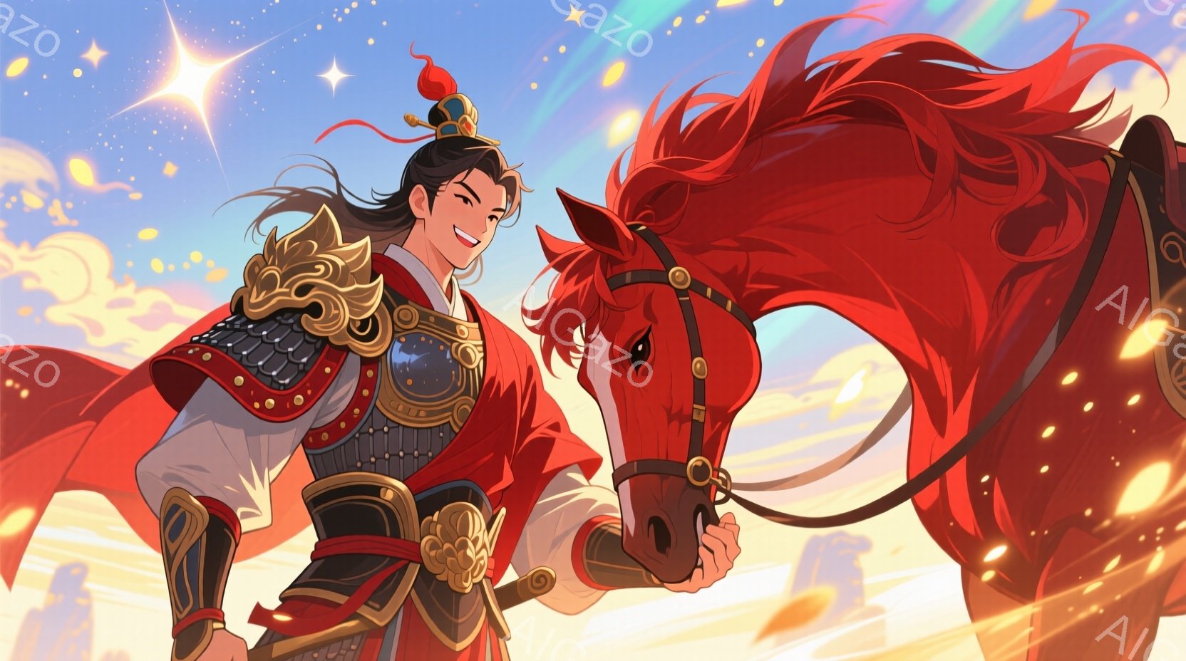 金色の装飾が施された鎧を身につけた男性が、赤い馬の隣に立っている。彼は自信に満ちた笑顔を浮かべ、長い黒髪を後ろで束ねている。背景には、夕焼けのようなオレンジと黄色の空が広がり、馬の周りには光の粒子が舞 - AI生成フリー素材