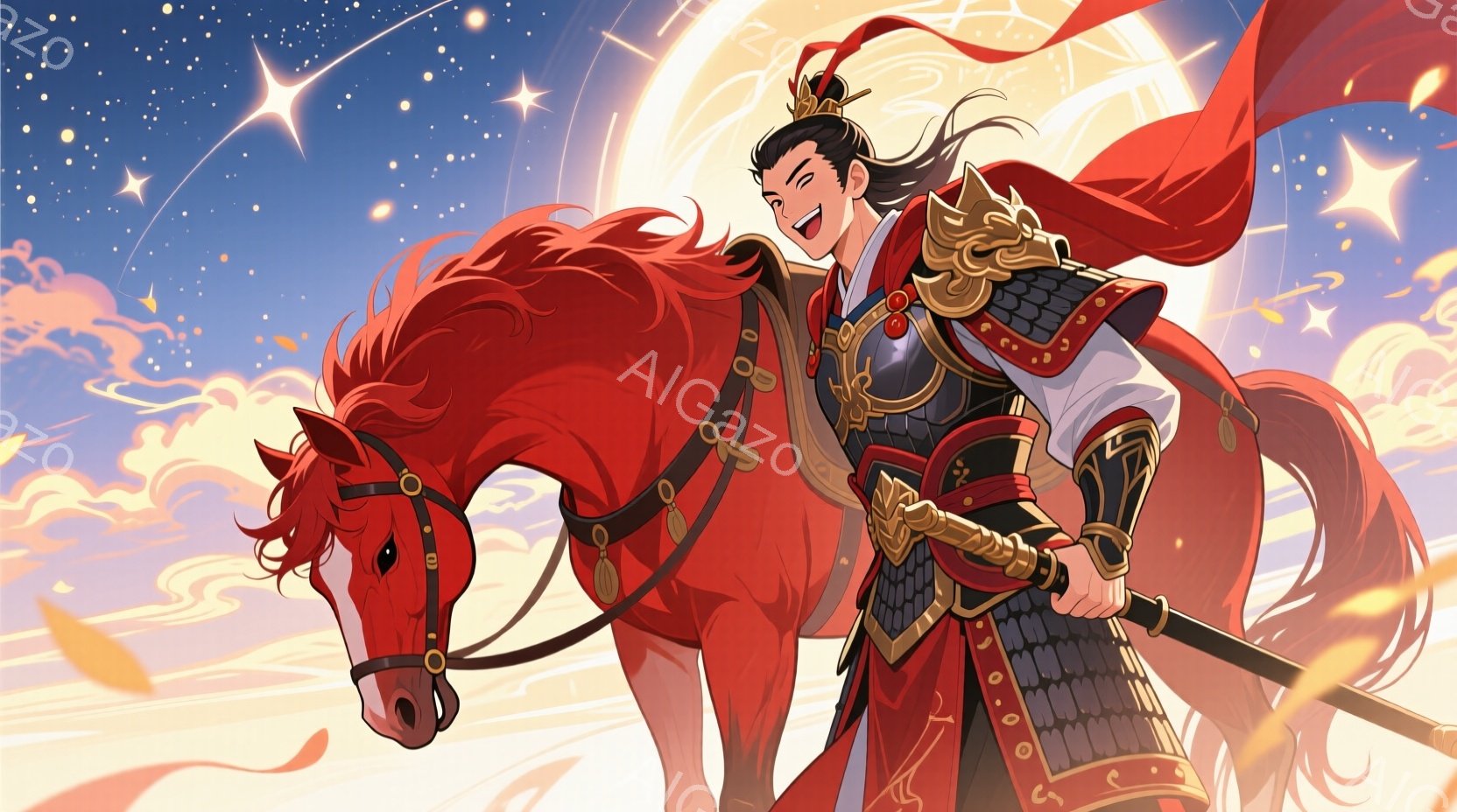 鮮やかな赤毛の馬にまたがった男性が描かれています。彼は金色の装飾が施された黒い鎧と赤い衣装を身に着け、長い黒髪を後ろで結んでいます。背景には燃えるような太陽と雲が広がり、全体的に力強く、英雄的な雰囲気 - AI生成フリー素材