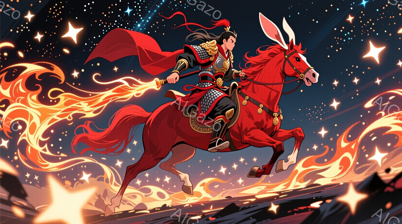 鮮やかな赤い甲冑を身につけた武人が、同じく赤い馬に乗って疾走している。彼の髪は長く結ばれ、風になびき、表情は決意に満ちている。背景には暗い空に輝く星々と、燃え盛る炎のような光が広がり、躍動感と力強さを強調している。