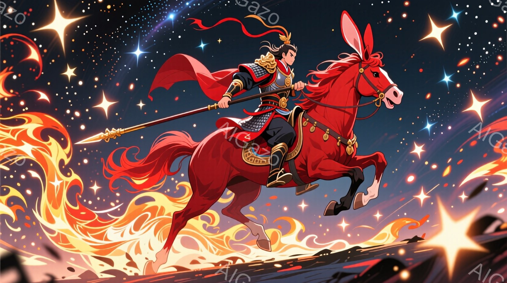 鮮やかな赤色の背景に、武装した男性が赤い馬に乗って疾走している様子が描かれています。男性は黒い鎧に赤いマントを羽織り、黒髪を後ろで束ねています。馬の周囲には炎が舞い上がり、背景には星が散りばめられ、全体的に勇壮で力強い雰囲気を醸し出しています。