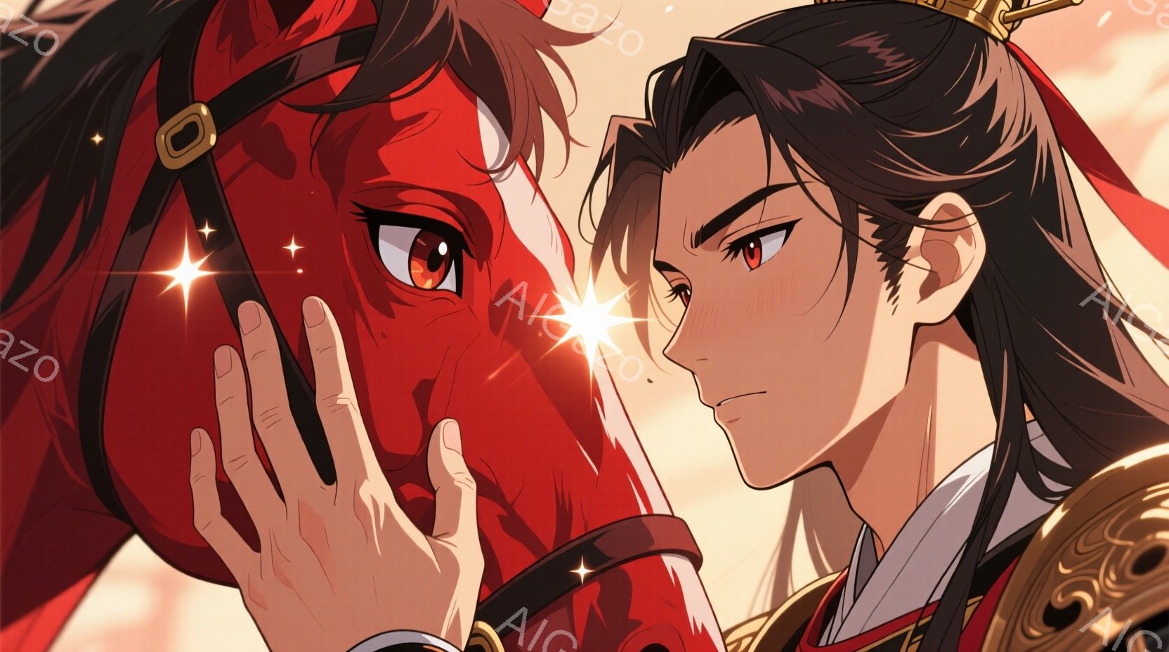 漆黒の長髪を飾り紐で結んだ男性が、赤い仮面をつけた人物の頬に手を添えている。男性は豪華な刺繍が施された白と黒の衣装を身につけ、やや眉をひそめた表情で、どこか憂いを帯びている。背景は明るい色調で、暖かく柔らかい光が差し込み、二人の間に穏やかで感動的な雰囲気を作り出している。