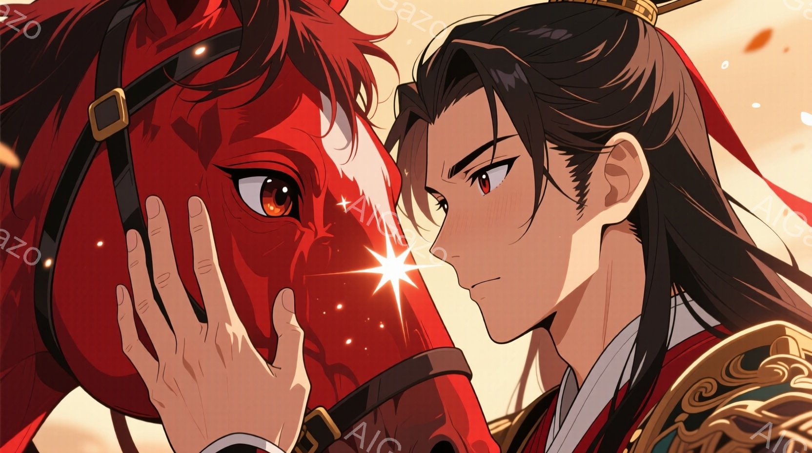 長い黒髪を後ろで結い上げた男性が、赤い馬の頭に優しく触れています。男性は鮮やかな赤と黒の装飾が施された衣装を身につけ、穏やかで慈しむような表情を浮かべています。背景は暖色系のグラデーションで、馬の頭上には光の粒子が輝き、全体的に温かく優しい雰囲気を醸し出しています。
