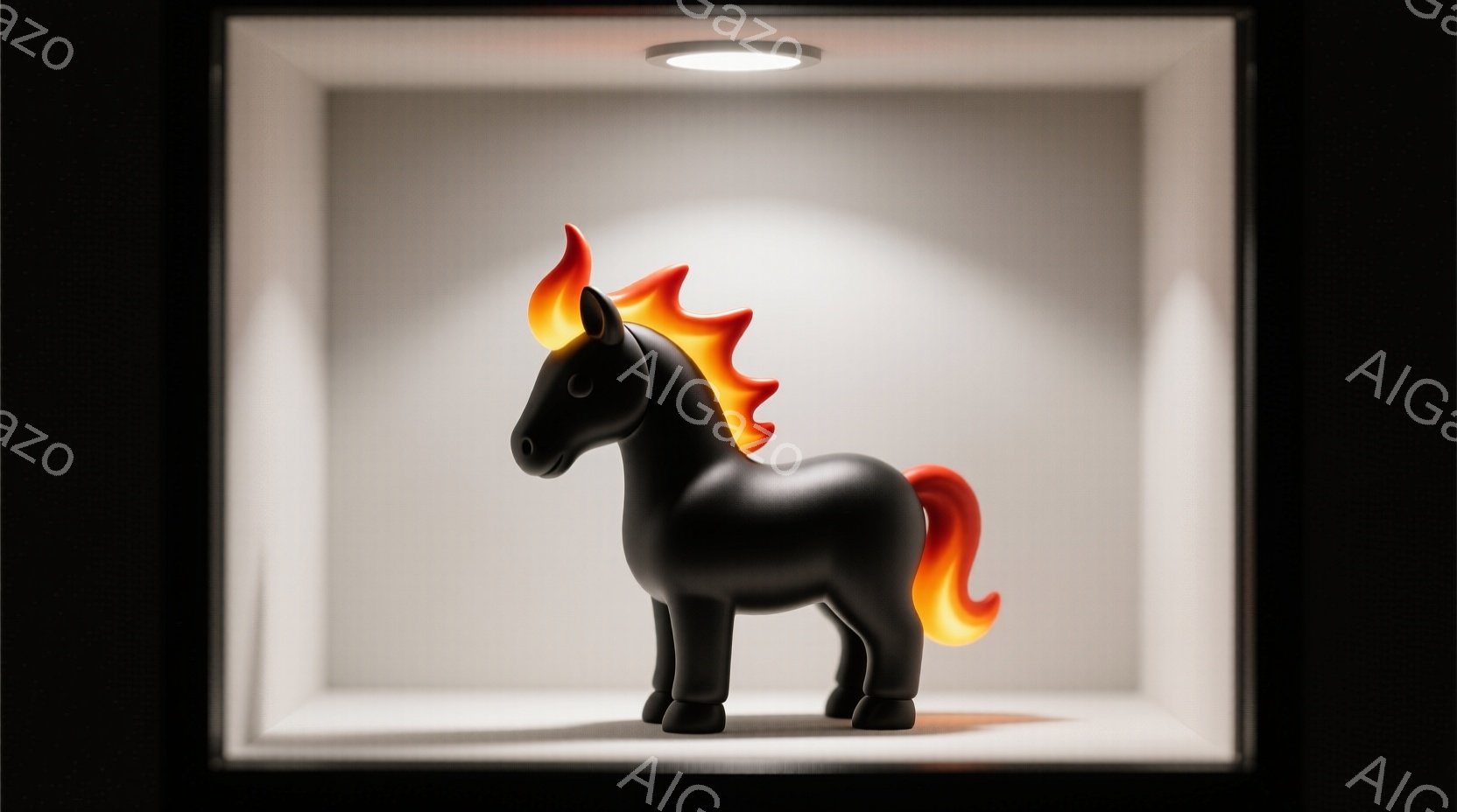 黒い馬の彫刻が白い箱の中に展示されている。馬のたてがみと尾は燃え盛る炎のようなオレンジ色で、そのコントラストが印象的だ。背景は白くシンプルで、スポットライトが彫刻を照らし、展示されている雰囲気を強調し - AI生成フリー素材