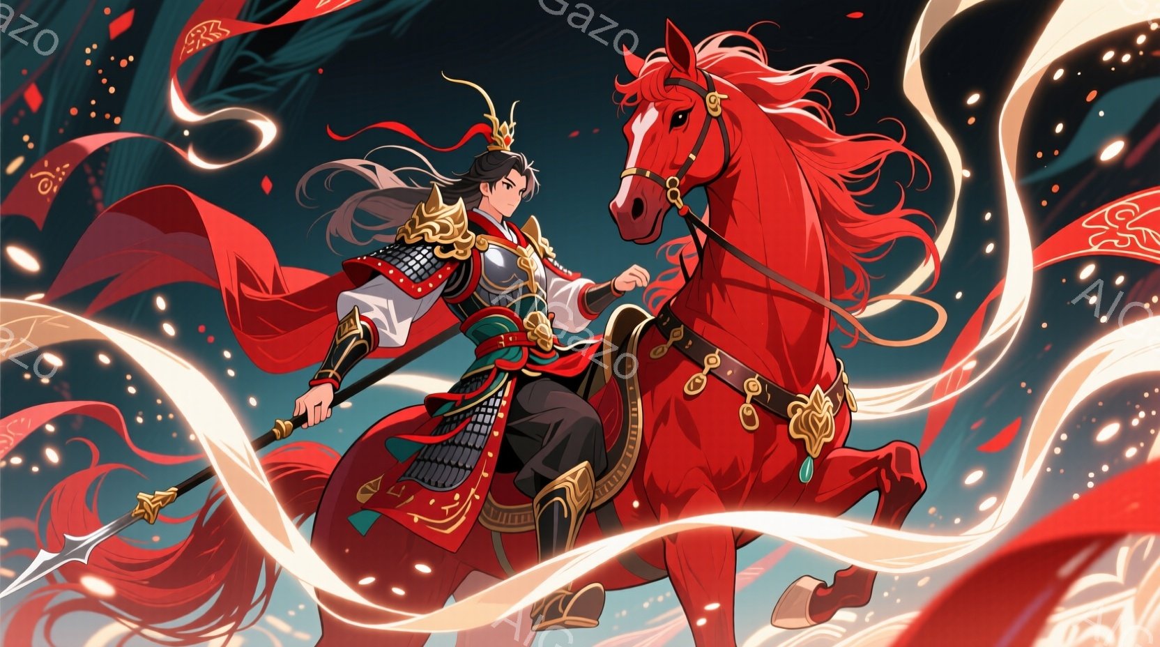 長い黒髪を靡かせ、華やかな甲冑を身に着けた男性が、赤い馬に騎乗している。彼は槍を構え、力強い眼差しで前を見据えており、勇ましい雰囲気を醸し出している。背景には赤い波のような模様と白い粒子が散りばめられており、躍動感と壮大なスケール感を強調している。