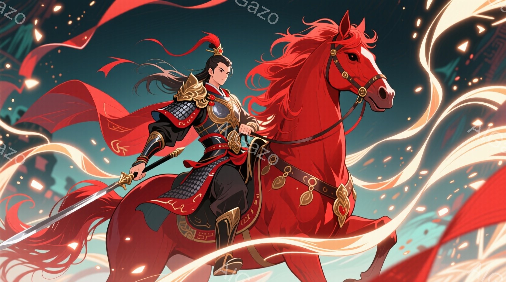 鮮やかな赤色の背景を背景に、鎧を身につけた男性が赤い馬に乗って疾走している。彼は黒髪を長く結い、凛々しい表情で剣を構え、威厳に満ちた姿を見せている。背景には霞のような建物がぼんやりと見え、躍動感のある - AI生成フリー素材