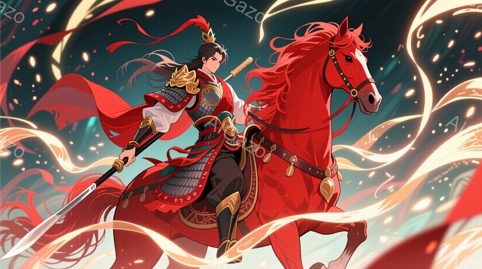 鮮やかな赤色の背景に、甲冑を身につけた男性が赤馬に騎乗している様子が描かれている。男性は黒髪を長く後ろで結い、凛々しい表情で剣を構え、威厳に満ちた姿勢で馬を駆り、戦場を駆け抜けるような躍動感が伝わってくる。背景には赤いエネルギーのようなものが渦巻いており、全体として力強く、ドラマチックな雰囲気を醸し出している。