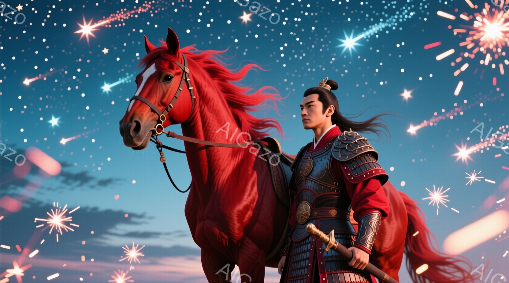 鮮やかな赤毛の馬に乗った男性が描かれています。彼は、金色の装飾が施された黒い鎧と、赤いローブを着ており、長く黒い髪を後ろで結んでいます。背景は夜空で、星や花火が散りばめられ、力強く、壮大な雰囲気を醸し - AI生成フリー素材