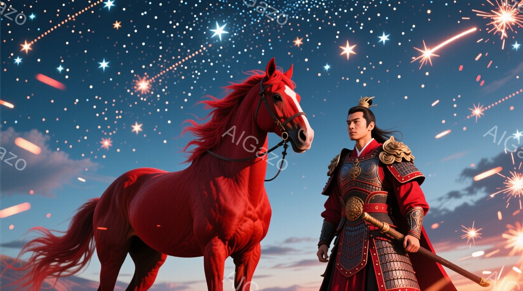 深紅の軍服を身につけた男性が、同じく深紅の馬に寄り添っている。男性は黒髪を長く伸ばし、凛々しい表情で遠くを見つめている。背景には、星が散りばめられた夜空と、光の粒子が舞う幻想的な空間が広がっている。