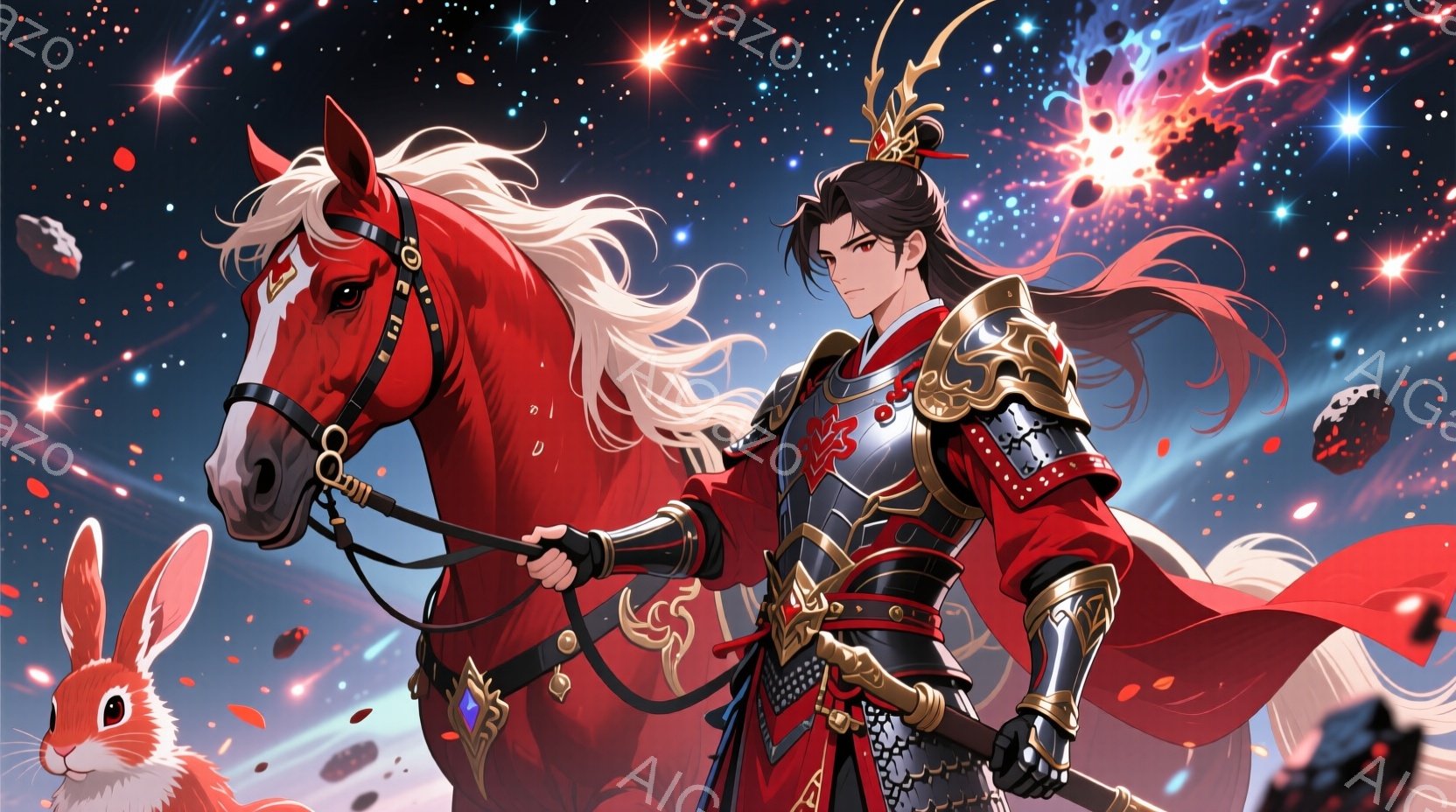 鮮やかな赤色の背景に、華やかな衣装を身につけた男性が描かれています。彼は、金色の装飾が施された赤い鎧と黒い着物風の下着を着用し、長く黒髪を後ろで束ねています。凛々しい表情で馬にまたがり、片手に槍を持ち、背景には白うさぎと星屑のような光が散りばめられています。