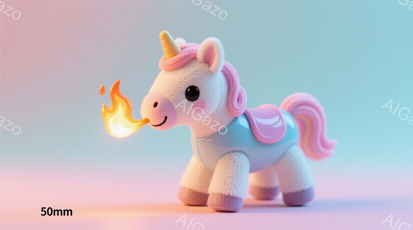 ふわふわとした水色のユニコーンが、優しい表情で微笑んでいます。背中には薄いピンク色の羽があり、口からは明るいオレンジ色の炎が吹き出しています。背景はパステルピンクと水色のグラデーションで、夢のような柔 - AI生成フリー素材