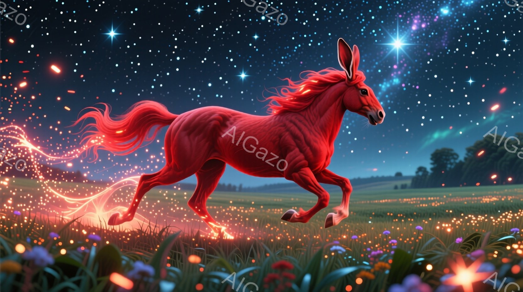 深紅色の馬が緑豊かな草原を疾走している様子が描かれています。馬のたてがみと尾は炎のように輝き、足元には魔法のような光の軌跡が残っています。背景には遠くの森林と星空が広がり、幻想的な雰囲気を醸し出してい - AI生成フリー素材