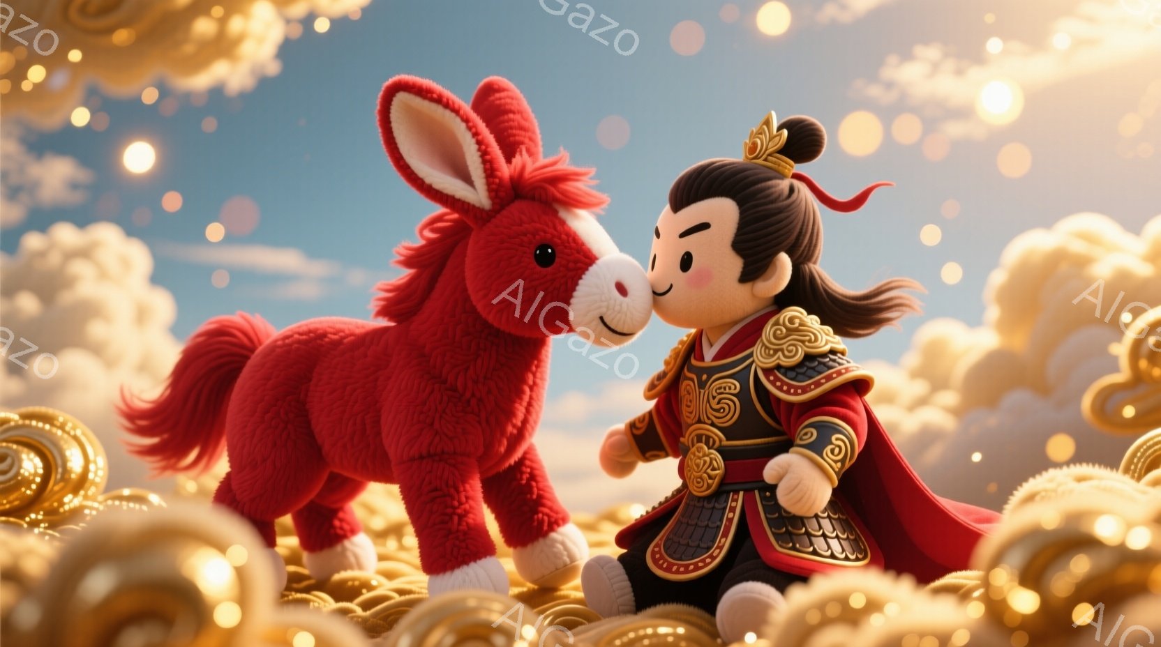 鮮やかな赤色の毛並みを持つ馬と、豪華な衣装を身につけた少年が描かれています。少年は黒髪を長く伸ばし、金色の飾りをつけた頭飾りをつけ、真剣な表情で馬を見つめています。背景には金色の球体が広がり、雲のよう - AI生成フリー素材