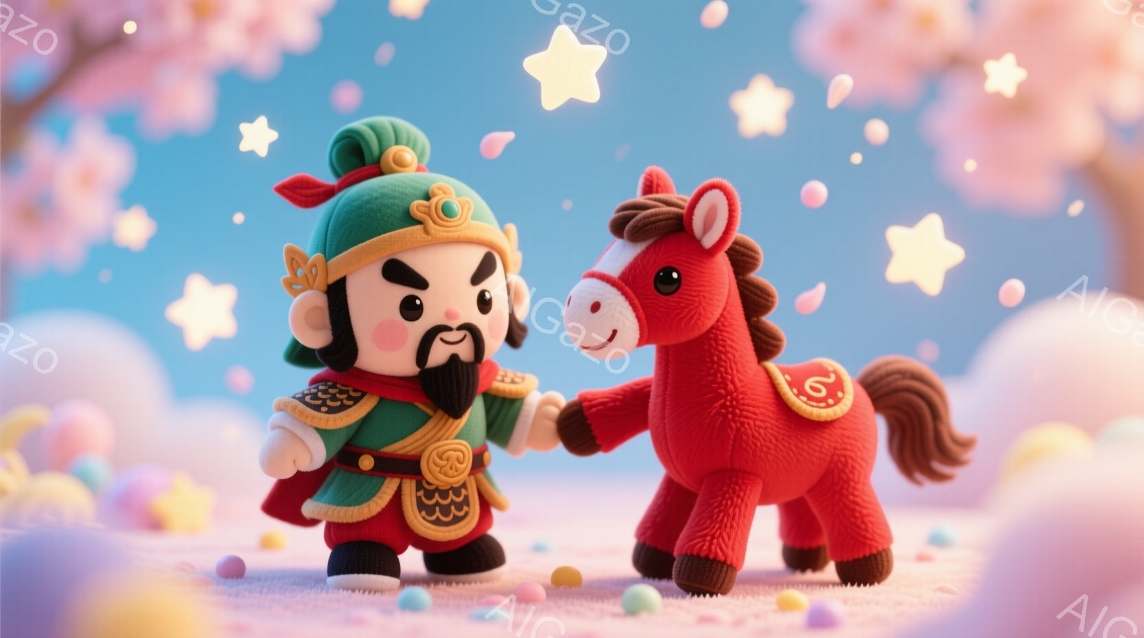 明るい緑色の衣装を身につけた男性と、鮮やかな赤い馬が描かれています。男性は黒いあごひげと独特の髪型をしており、少し怒ったような表情をしています。背景には、パステルカラーの粒々が広がり、上空には桜の花びらが舞い、全体的に明るく幻想的な雰囲気が漂っています。