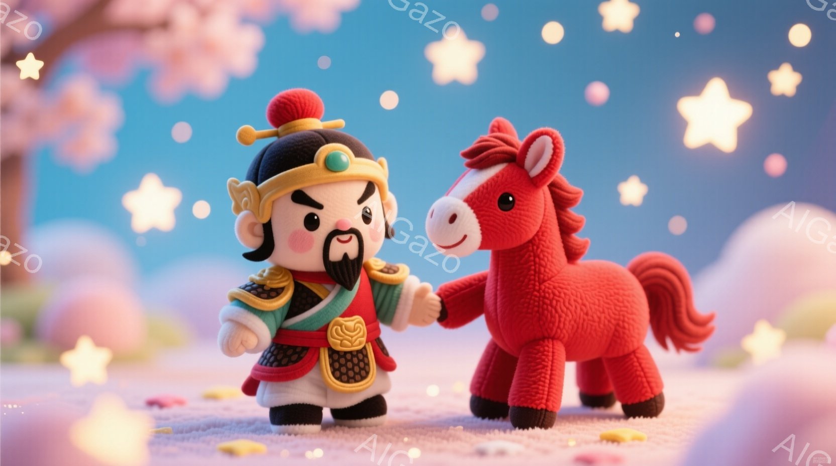 赤い衣装を着た小さな男性と赤い馬が描かれています。男性は伝統的な帽子と長い髭を持ち、真剣な表情で馬の手綱を握っています。背景には、柔らかいピンク色の花びらが舞い散る桜並木と、星が散りばめられた空が広がっており、全体的に温かく幻想的な雰囲気が漂っています。